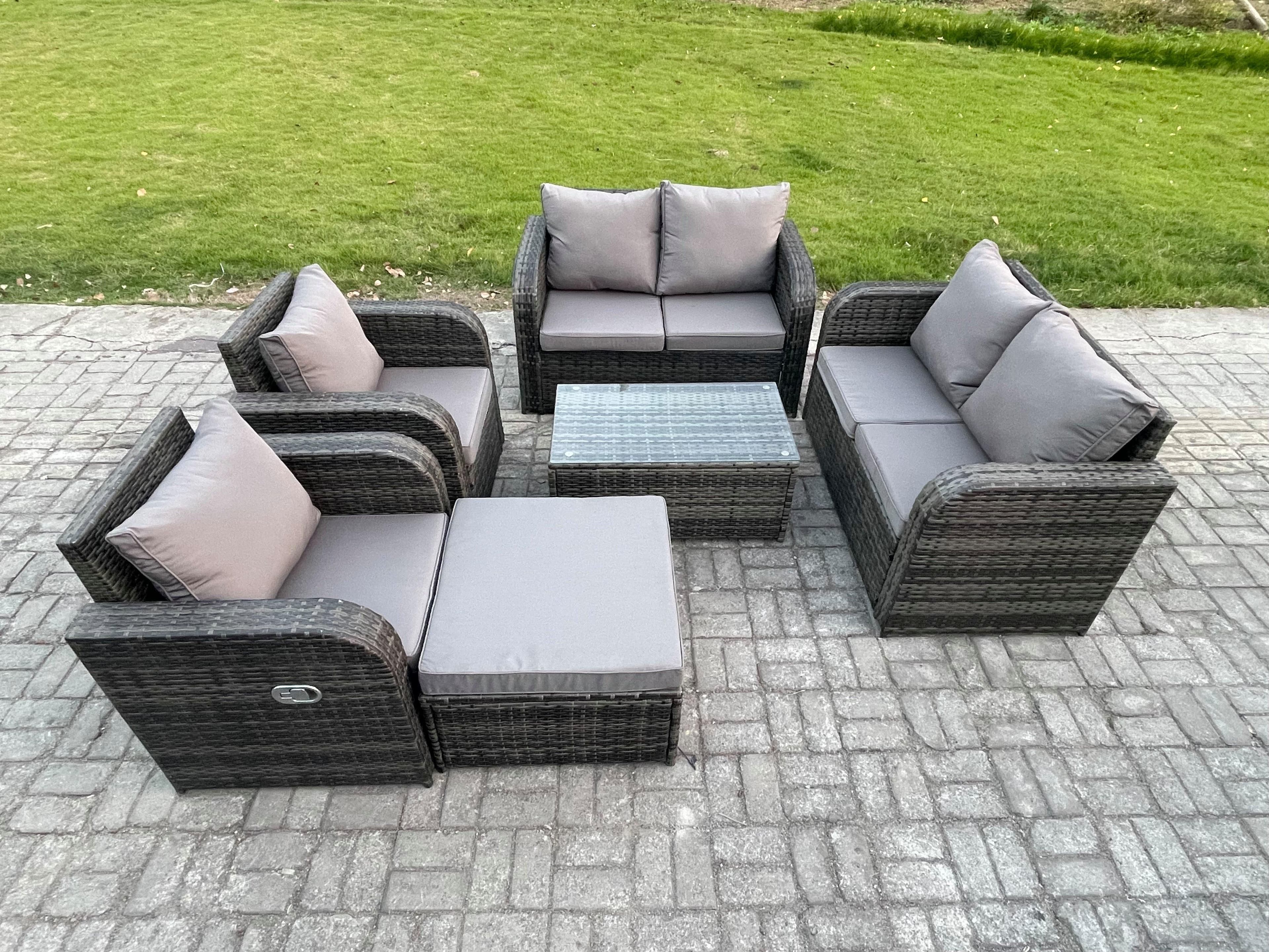 Rattan Garden Furniture Set Patio Outdoor Lounge Sofa Set 2 Reclining Chairs Rectangular Coffee Table Big Footstool