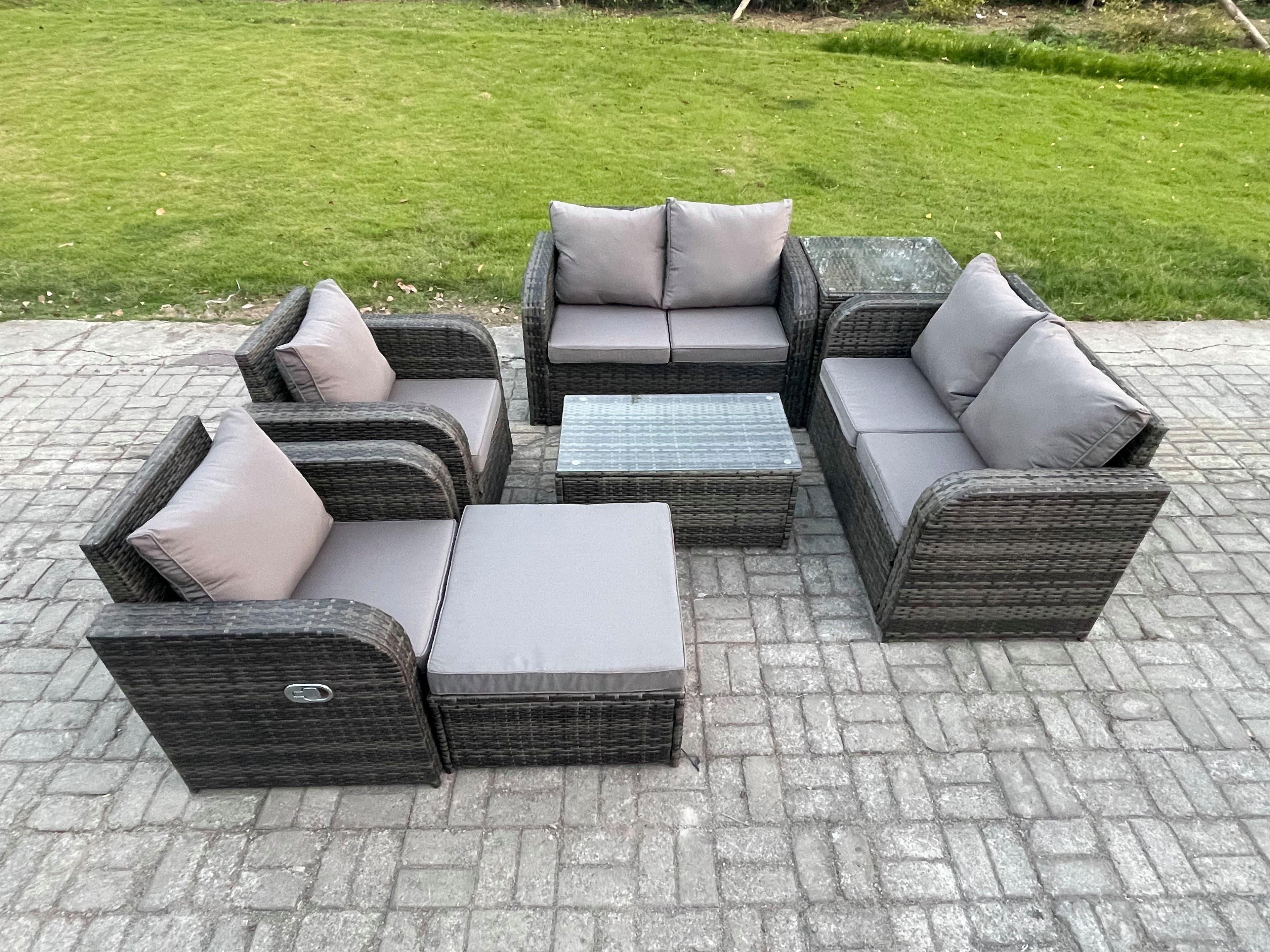 Rattan Garden Furniture Set 7 Seater Patio Outdoor Lounge Sofa Set 2 Reclining Chairs Rectangular Coffee Table Big Footstool