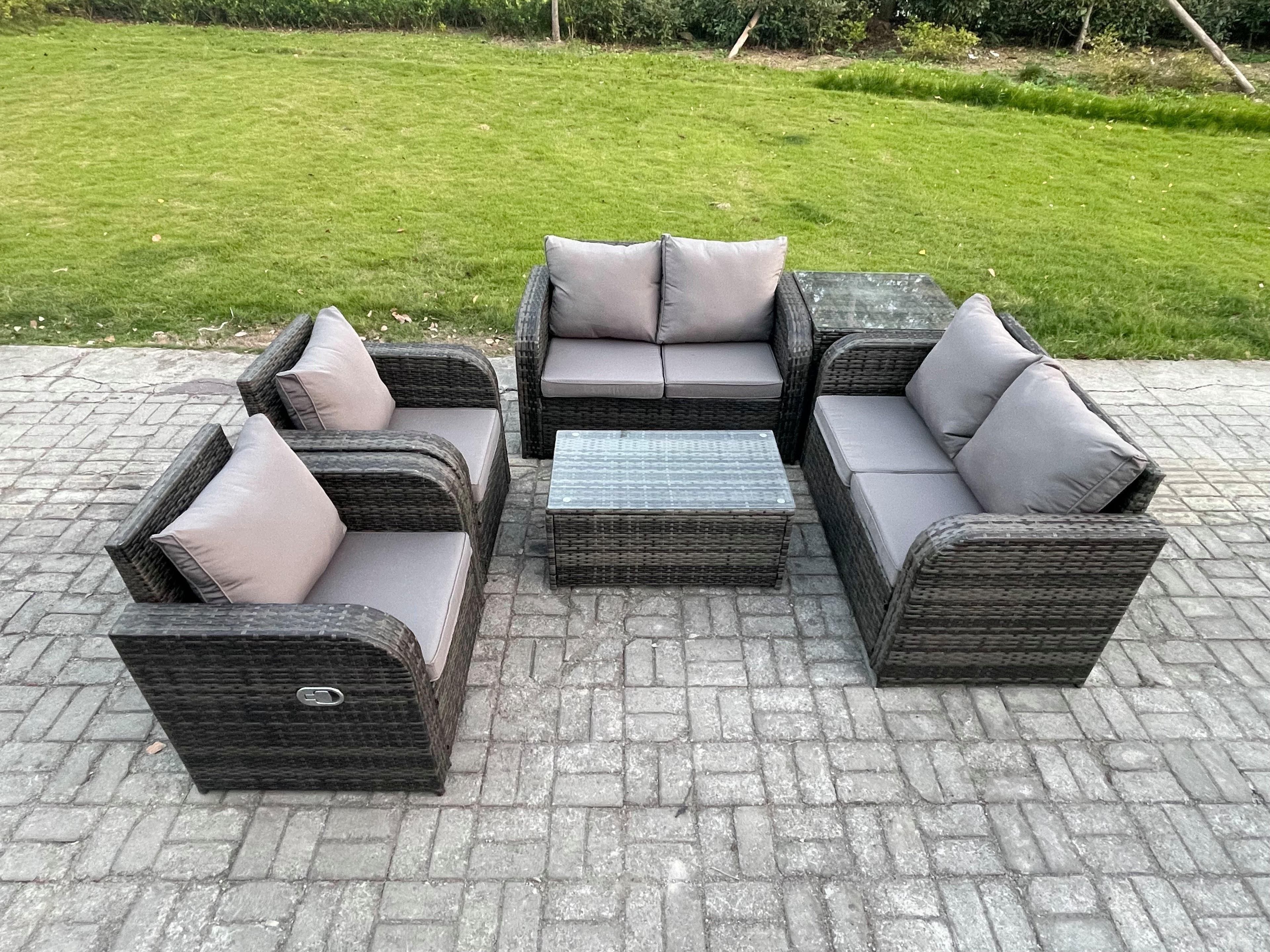 Rattan Garden Furniture Set 6 Seater Patio Outdoor Lounge Sofa Set 2 Reclining Chairs Rectangular Coffee Table Side Table