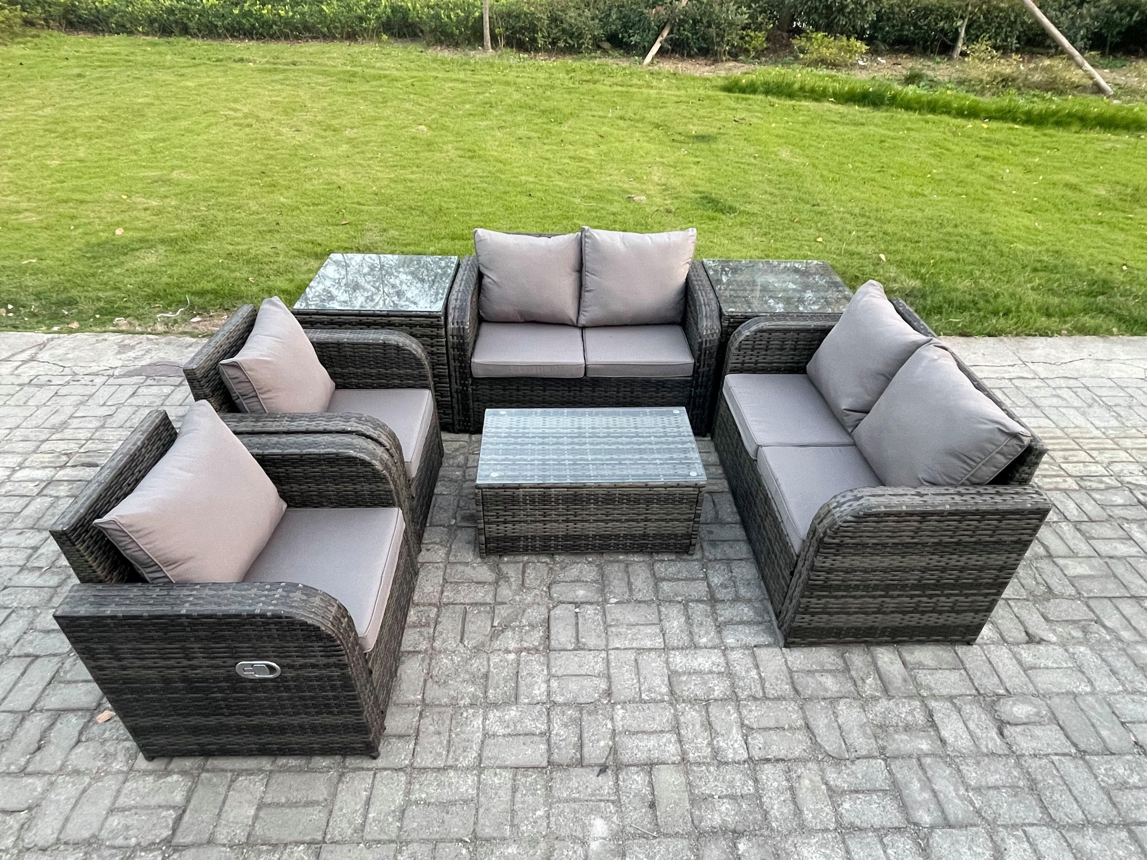 Rattan Garden Furniture Set Patio Outdoor Lounge Sofa Set 2 Reclining Chairs Rectangular Coffee Table 2 Side Tables