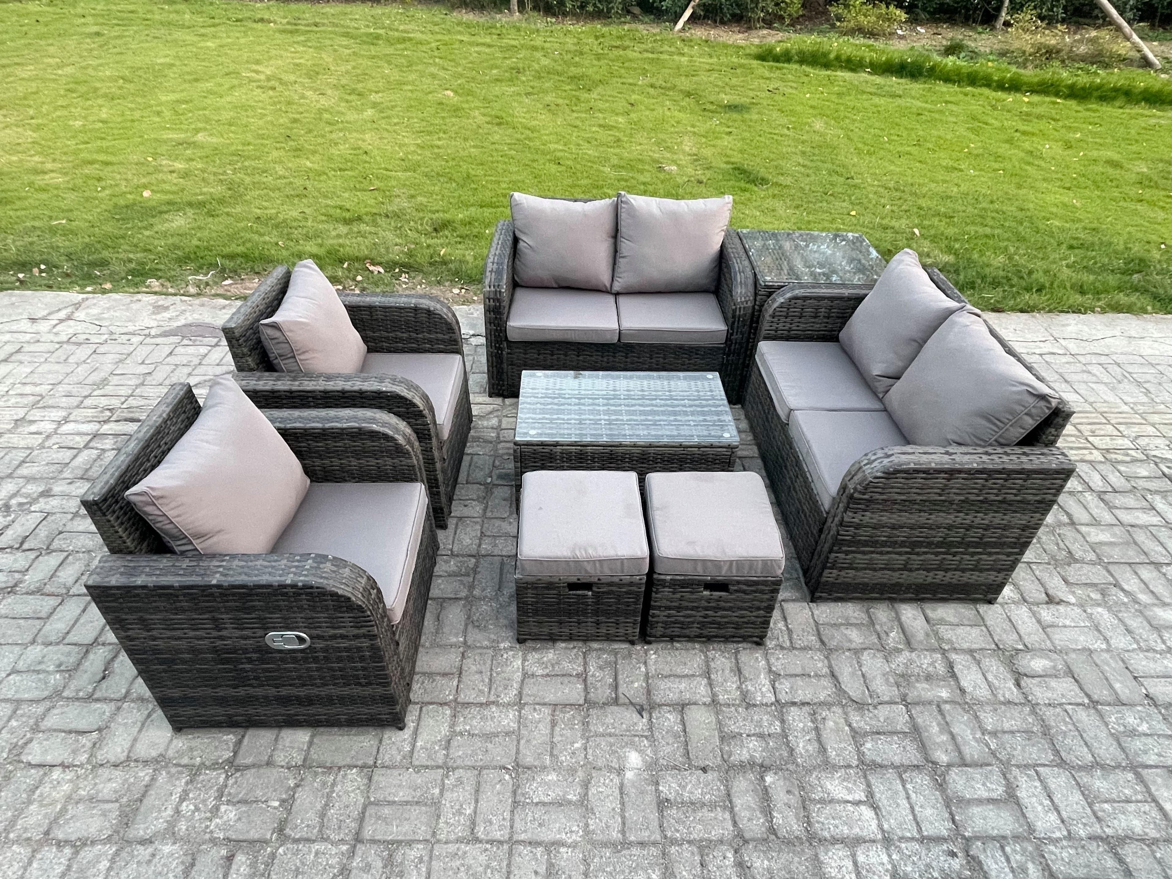 8 Seater Rattan Garden Furniture Set Patio Outdoor Lounge Sofa Set Rectangular Coffee Table 2 Small Footstools Love Sofa Side Table