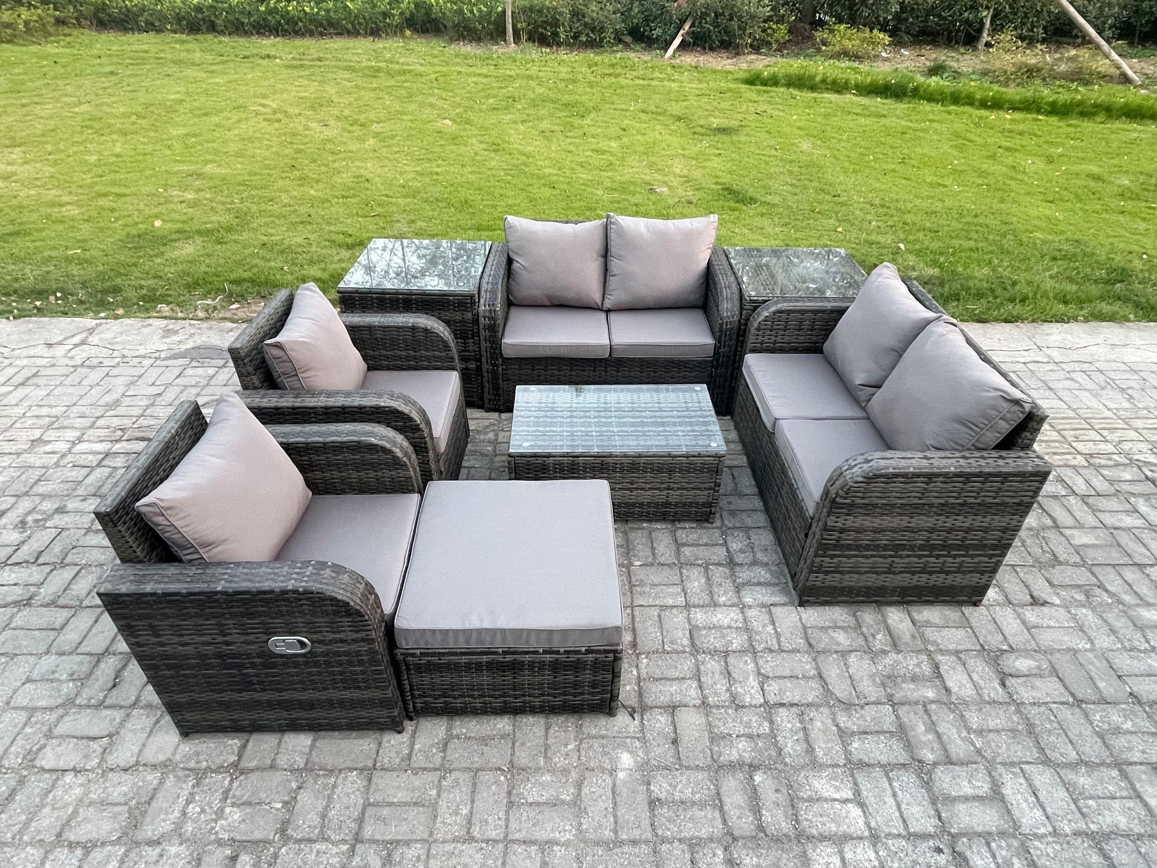 7 Seater Rattan Garden Furniture Set Patio Outdoor Lounge Sofa Set Rectangular Coffee Table Big Footstool Love Sofa 2 Side Tables
