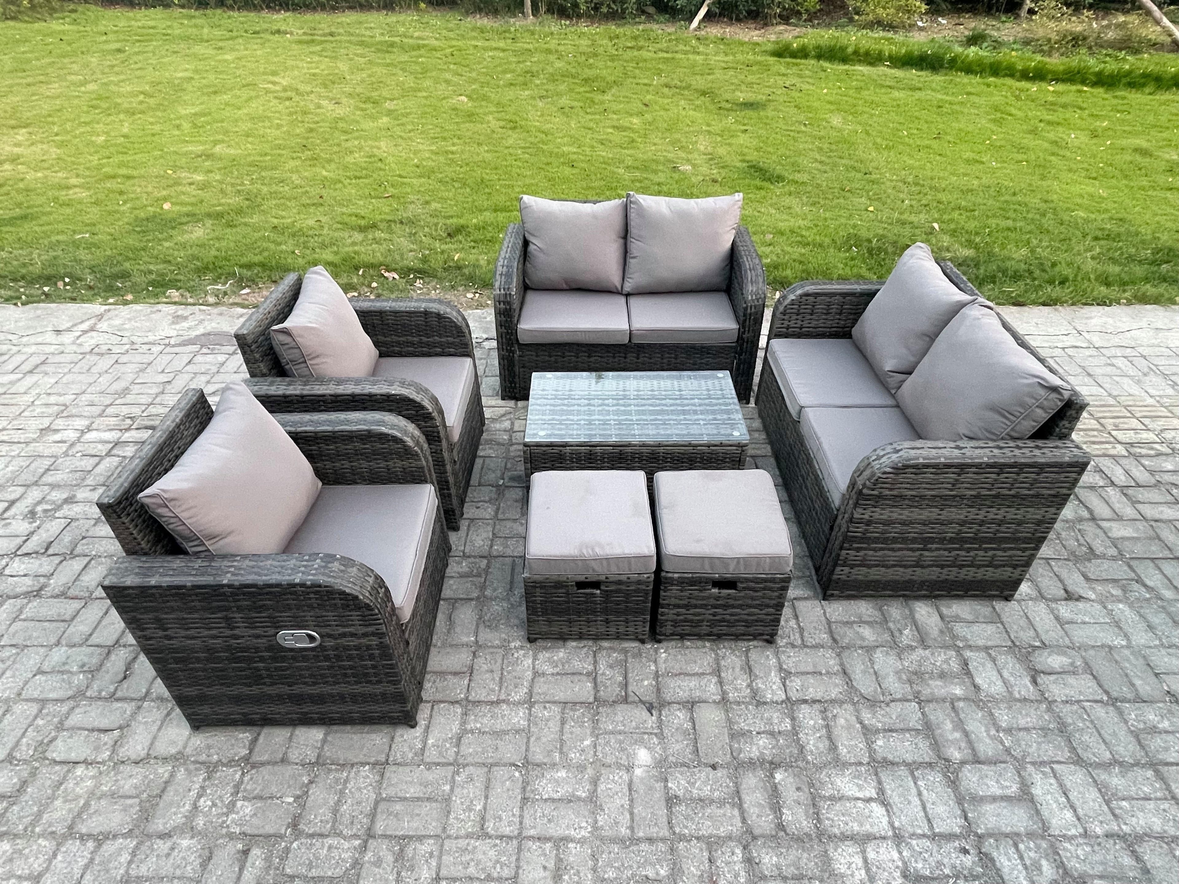 8 Seater Rattan Garden Furniture Set Patio Outdoor Lounge Sofa Set Rectangular Coffee Table 2 Small Footstools Love Sofa