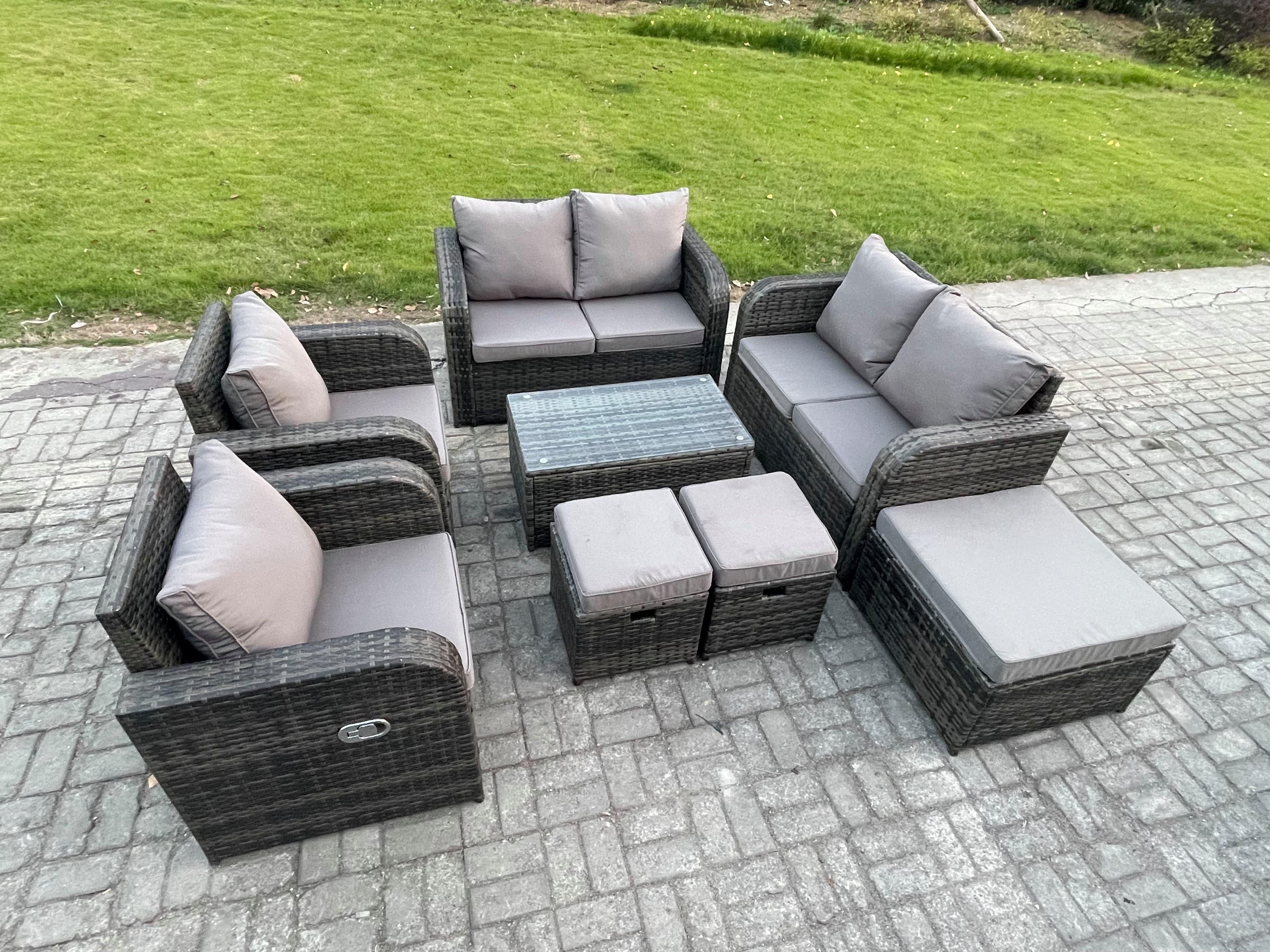 9 Seater Rattan Garden Furniture Set Patio Outdoor Lounge Sofa Set Rectangular Coffee Table 3 Footstools Love Sofa Dark Grey Mixed