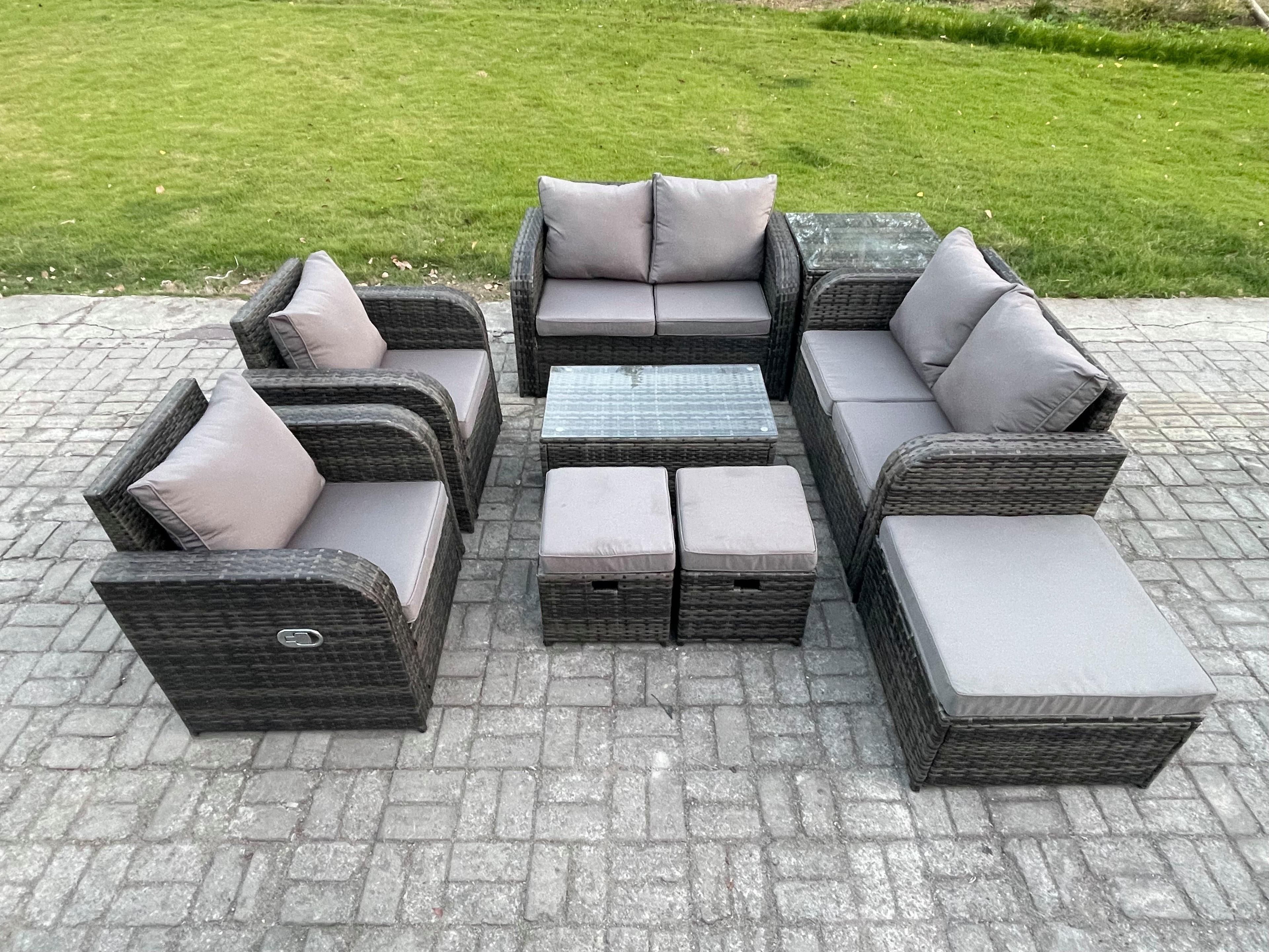 9 Seater Rattan Garden Furniture Set Patio Outdoor Lounge Sofa Set Rectangular Coffee Table 3 Footstools Love Sofa Side Table