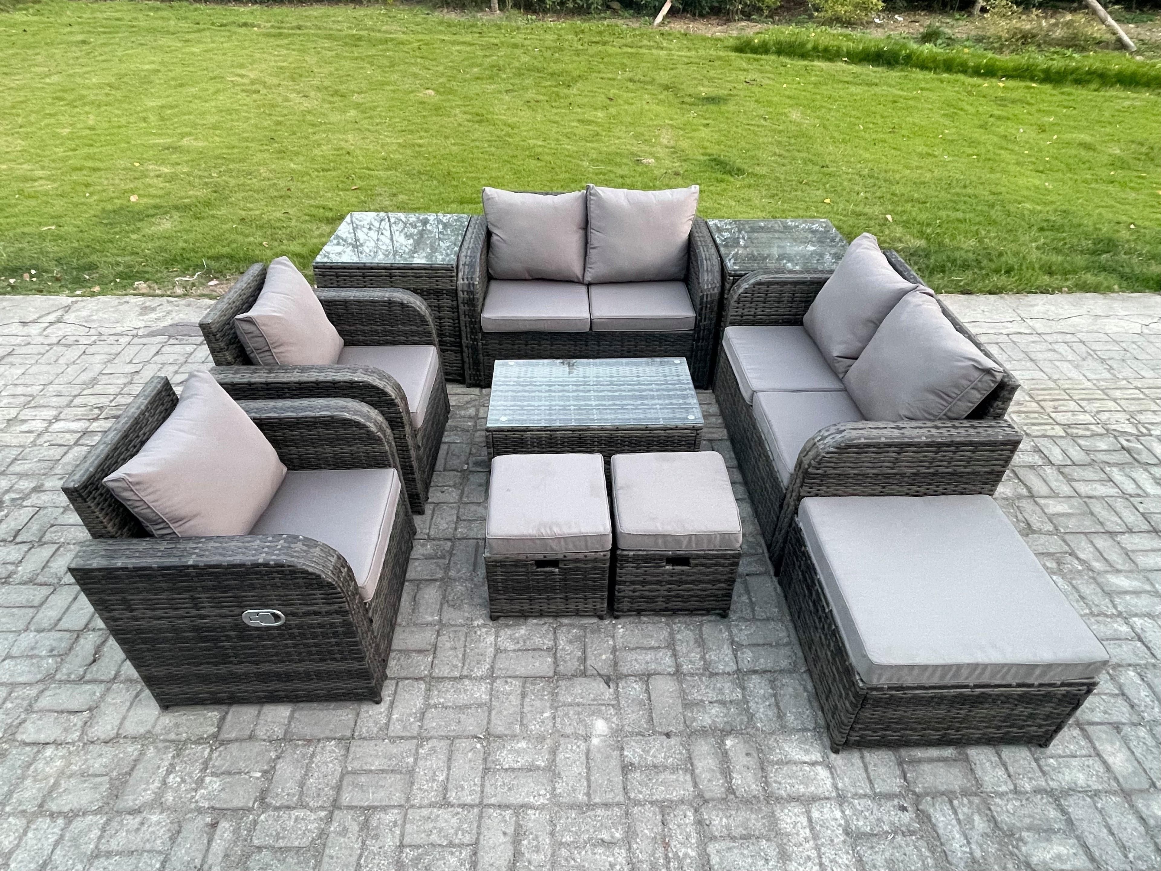 9 Seater Rattan Garden Furniture Set Patio Outdoor Lounge Sofa Set Rectangular Coffee Table 3 Footstools Love Sofa 2 Side Tables