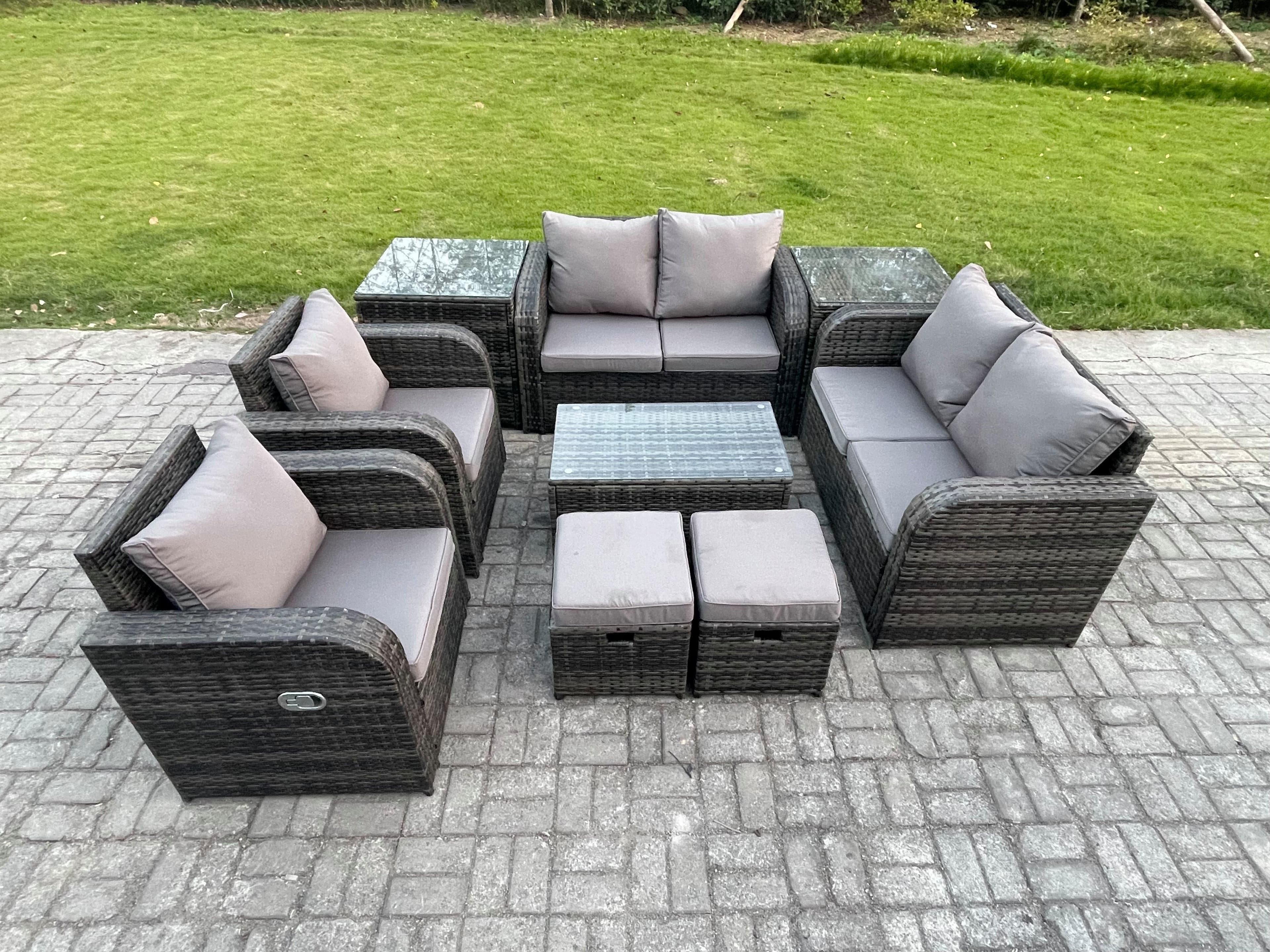 8 Seater Rattan Garden Furniture Set Patio Outdoor Lounge Sofa Set Rectangular Coffee Table 2 Small Footstools Love Sofa 2 Side Tables