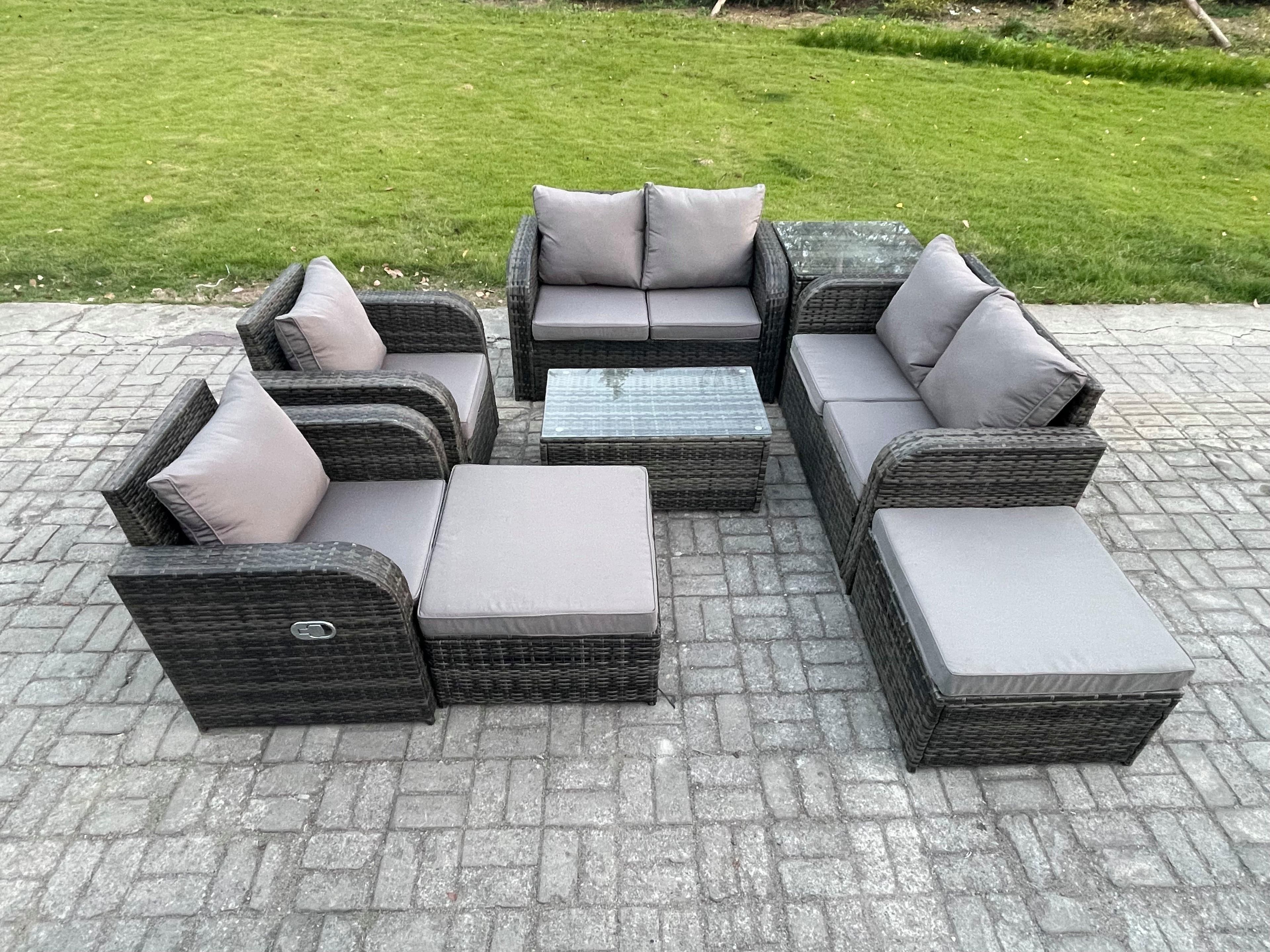 8 Seater Rattan Garden Furniture Set Patio Outdoor Lounge Sofa Set Rectangular Coffee Table 2 Big Footstool Love Sofa Side Table