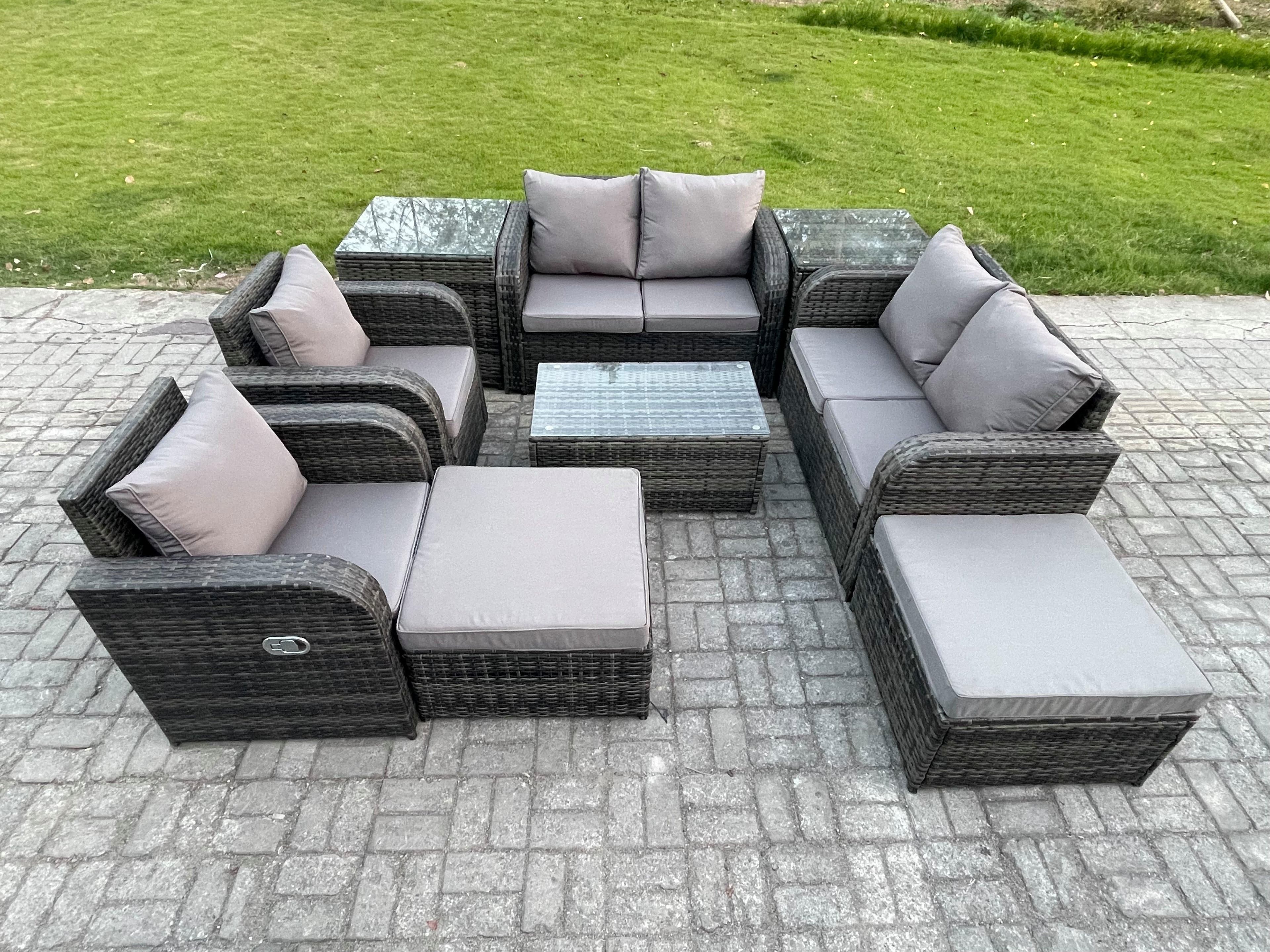 High Back Rattan Garden Furniture Set Loveseat Sofa Coffee Table 2 Side Tables 2 Big Footstool Indoor Outdoor Patio Lounge Sofa Set