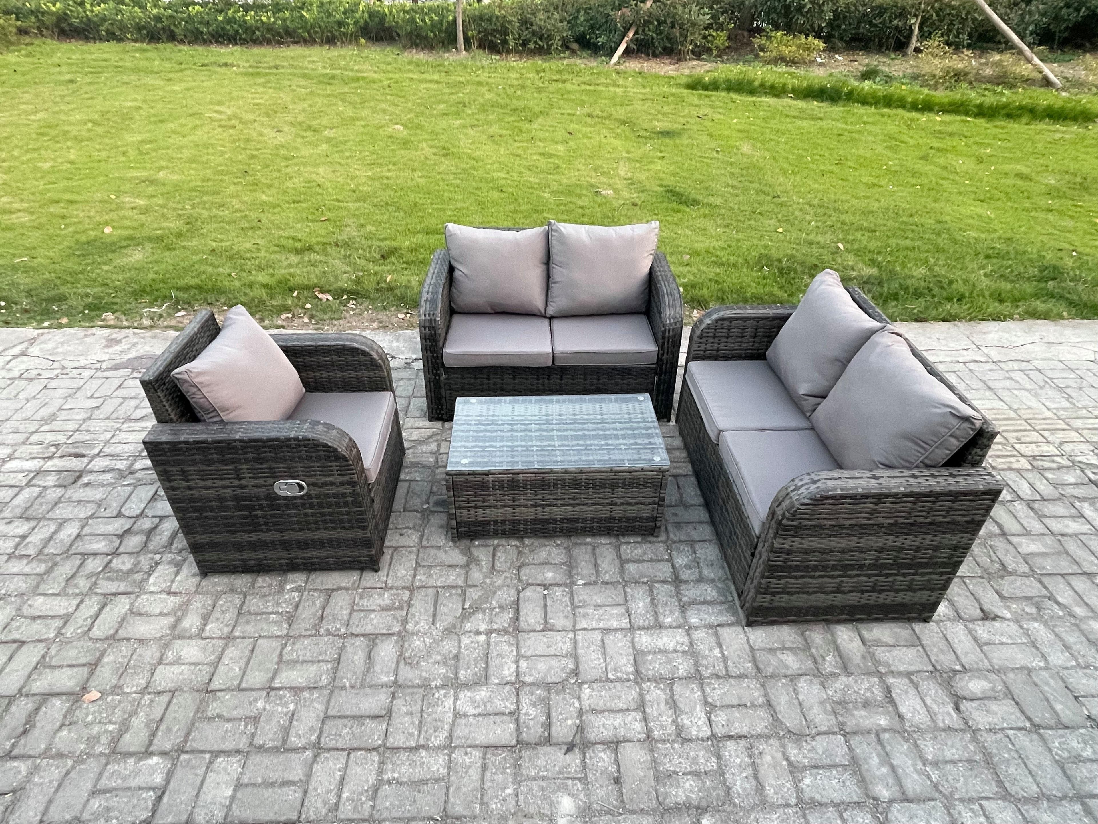 High Back Rattan Garden Furniture Set Loveseat Sofa Rectangular Coffee Table Indoor Outdoor Patio Lounge Sofa Set Dark Grey Mixed