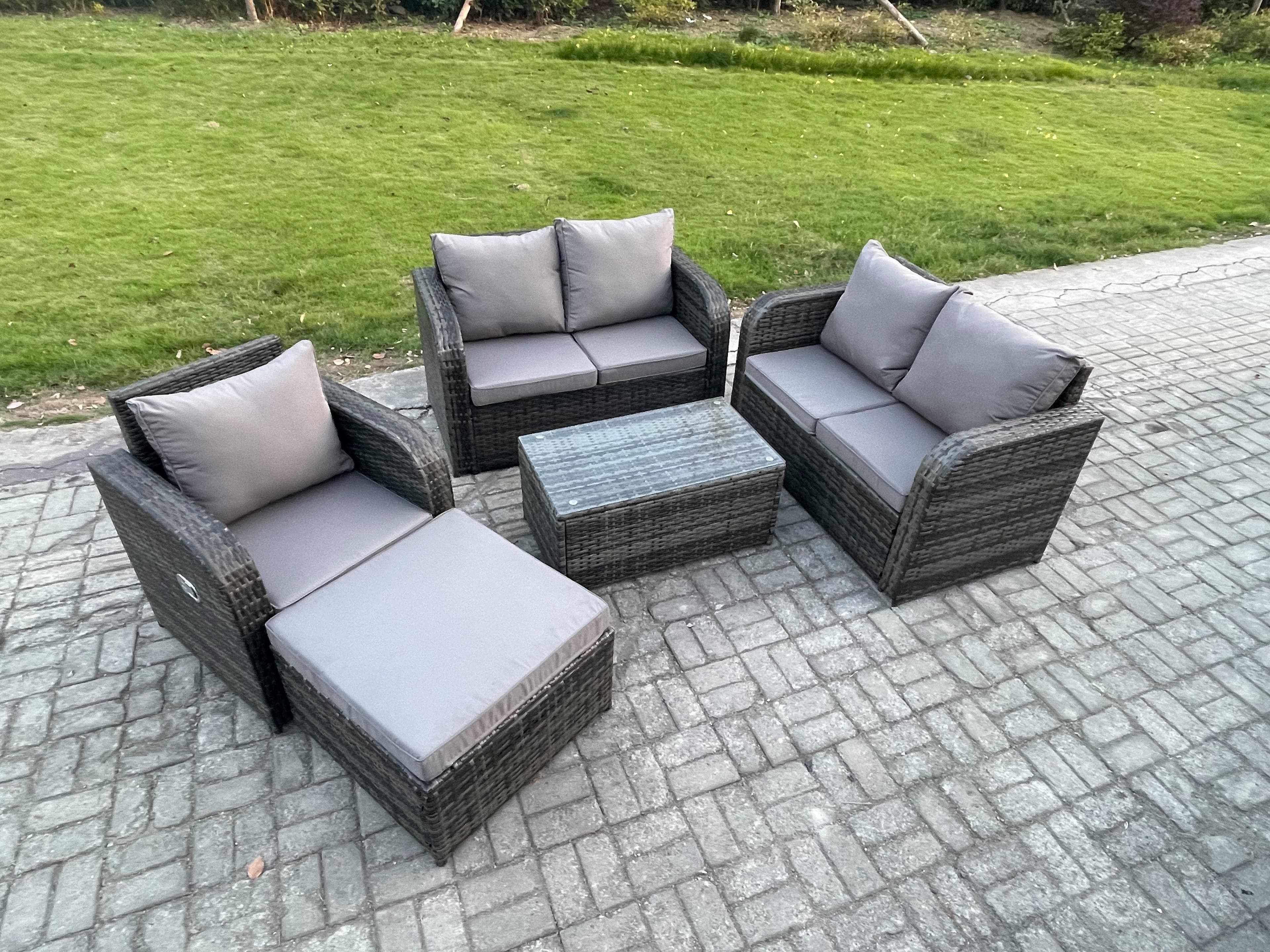 High Back Rattan Garden Furniture Set Loveseat Sofa Rectangular Coffee Table Big Footstool Indoor Outdoor Patio Lounge Sofa Set