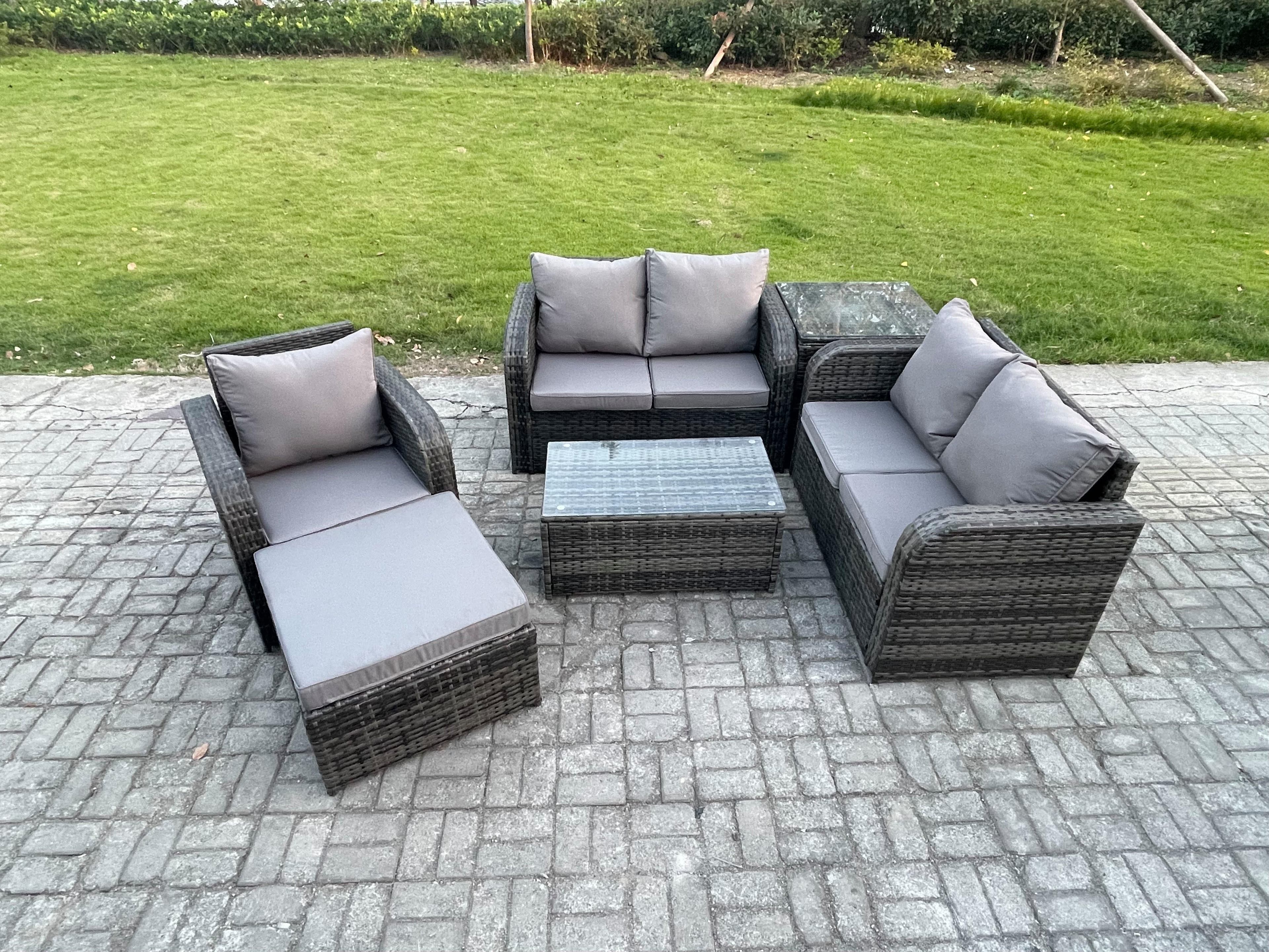 High Back Rattan Garden Furniture Set Loveseat Sofa Rectangular Coffee Table Big Footstool Side Table Indoor Outdoor Patio Lounge Sofa Set