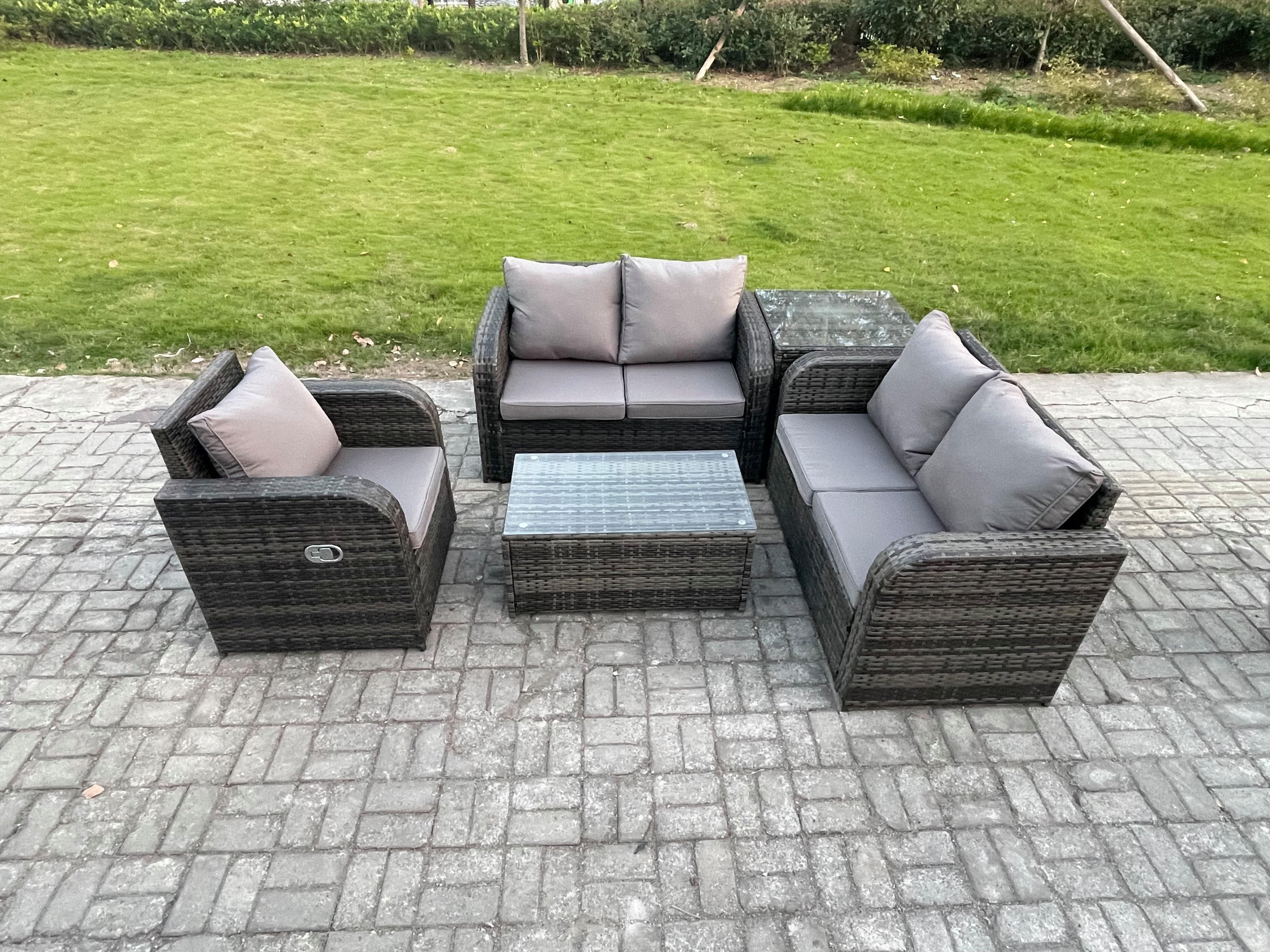 High Back Rattan Garden Furniture Set Loveseat Sofa Rectangular Coffee Table Side Table Indoor Outdoor Patio Lounge Sofa Set Dark Grey Mixed