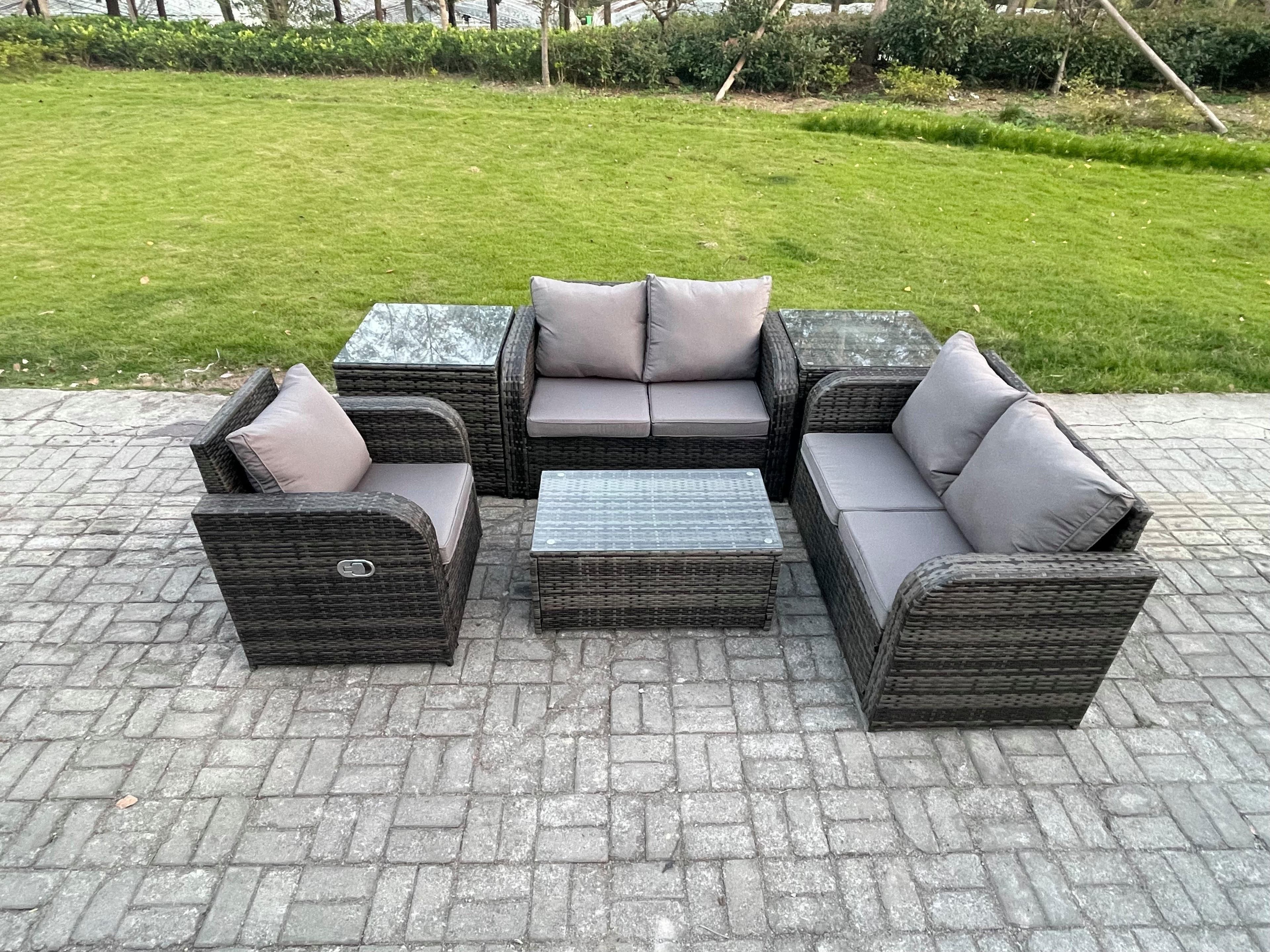 High Back Rattan Garden Furniture Set Loveseat Sofa Rectangular Coffee Table 2 Side Tables Indoor Outdoor Patio Lounge Sofa Set Dark Grey Mixed
