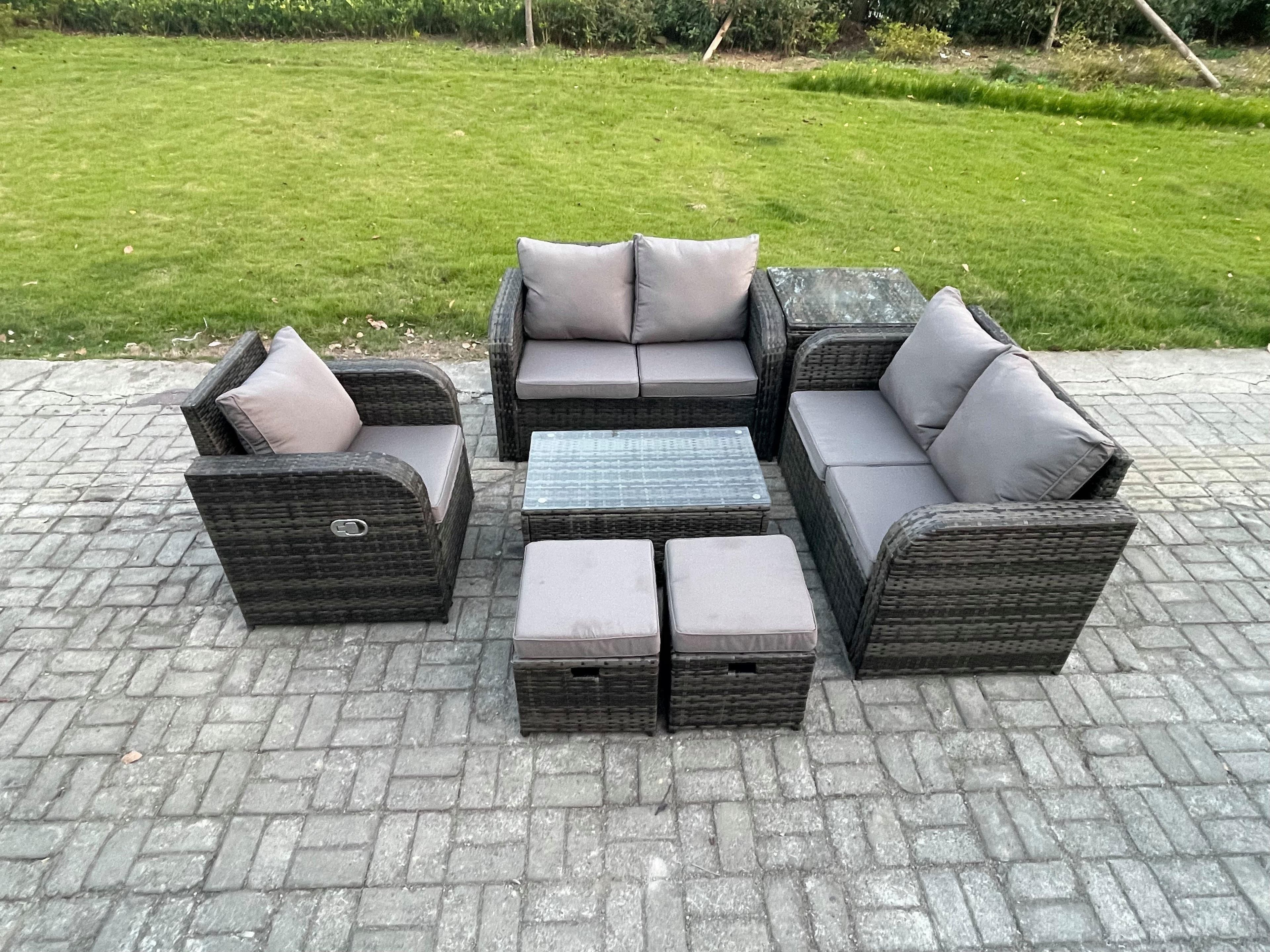 High Back Rattan Garden Furniture Set Loveseat Sofa Rectangular Coffee Table Side Table 2 Small Footstools Indoor Outdoor Patio Lounge Sofa Set