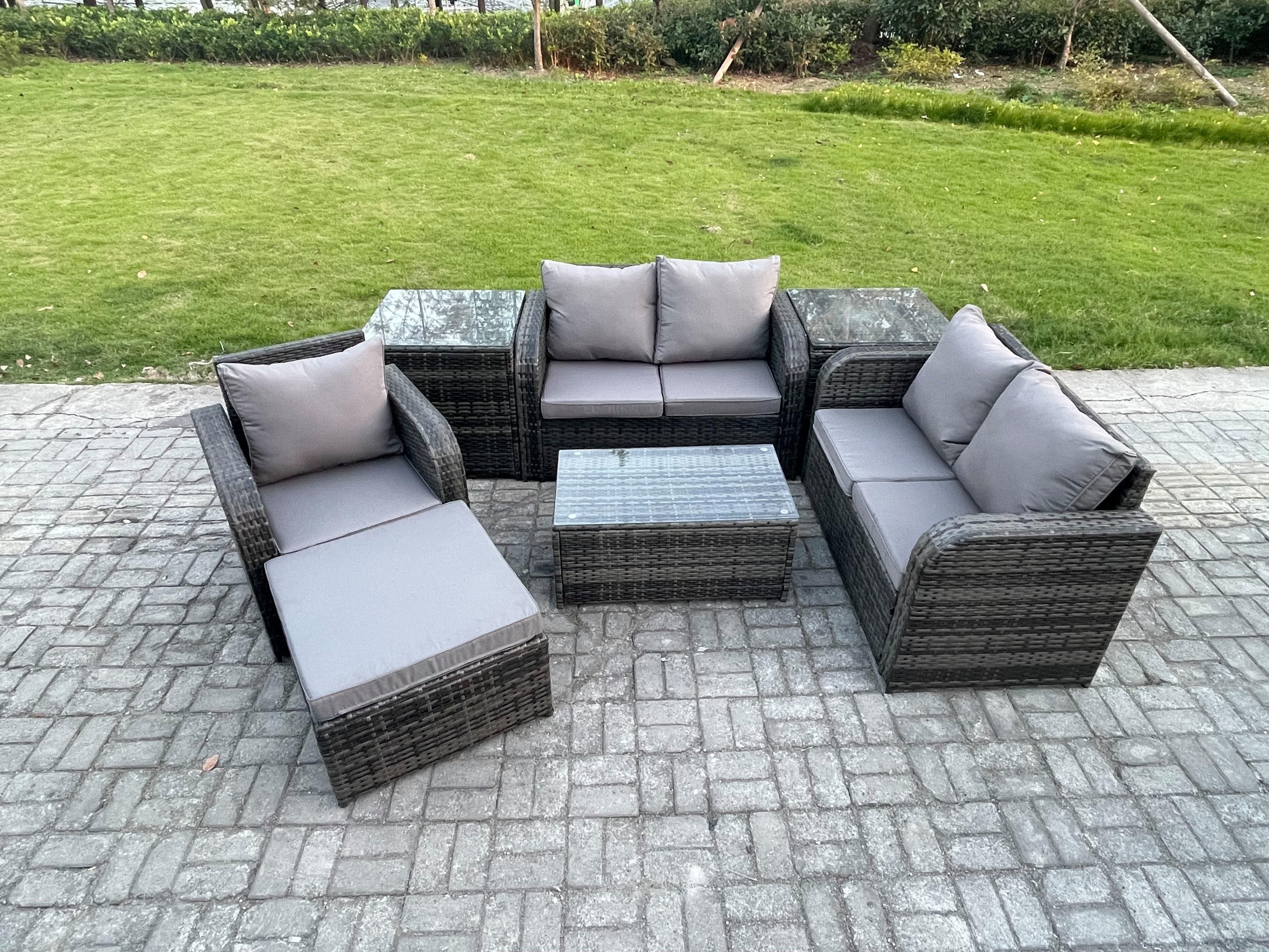 High Back Rattan Garden Furniture Set Loveseat Sofa Rectangular Coffee Table 2 Side Tables Big Footstool Indoor Outdoor Patio Lounge Sofa Set