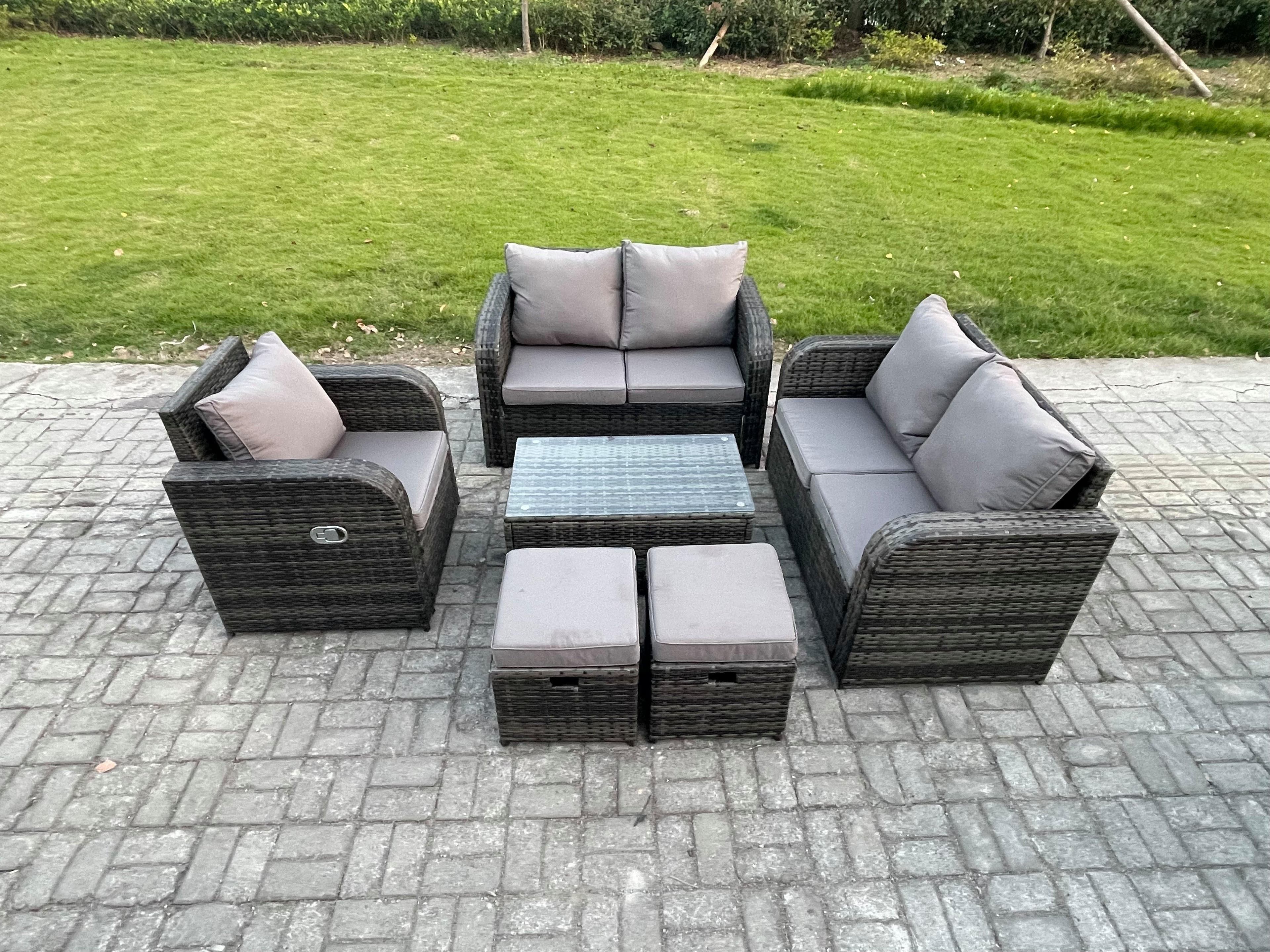 High Back Rattan Garden Furniture Set Loveseat Sofa Rectangular Coffee Table 2 Small Footstools Indoor Outdoor Patio Lounge Sofa Set