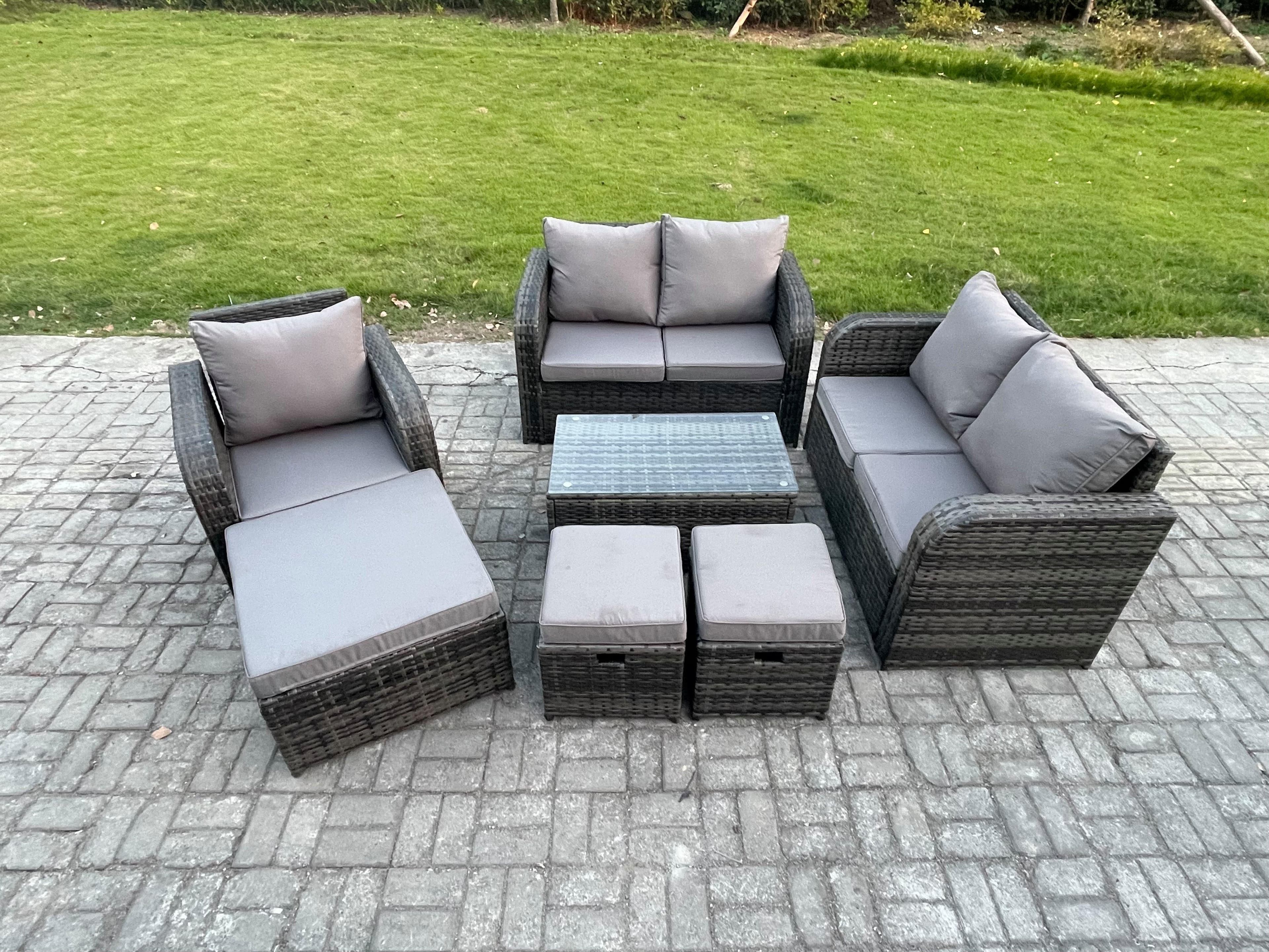High Back Rattan Garden Furniture Set Loveseat Sofa Rectangular Coffee Table 3 Footstools Indoor Outdoor Patio Lounge Sofa Set Dark Grey Mixed
