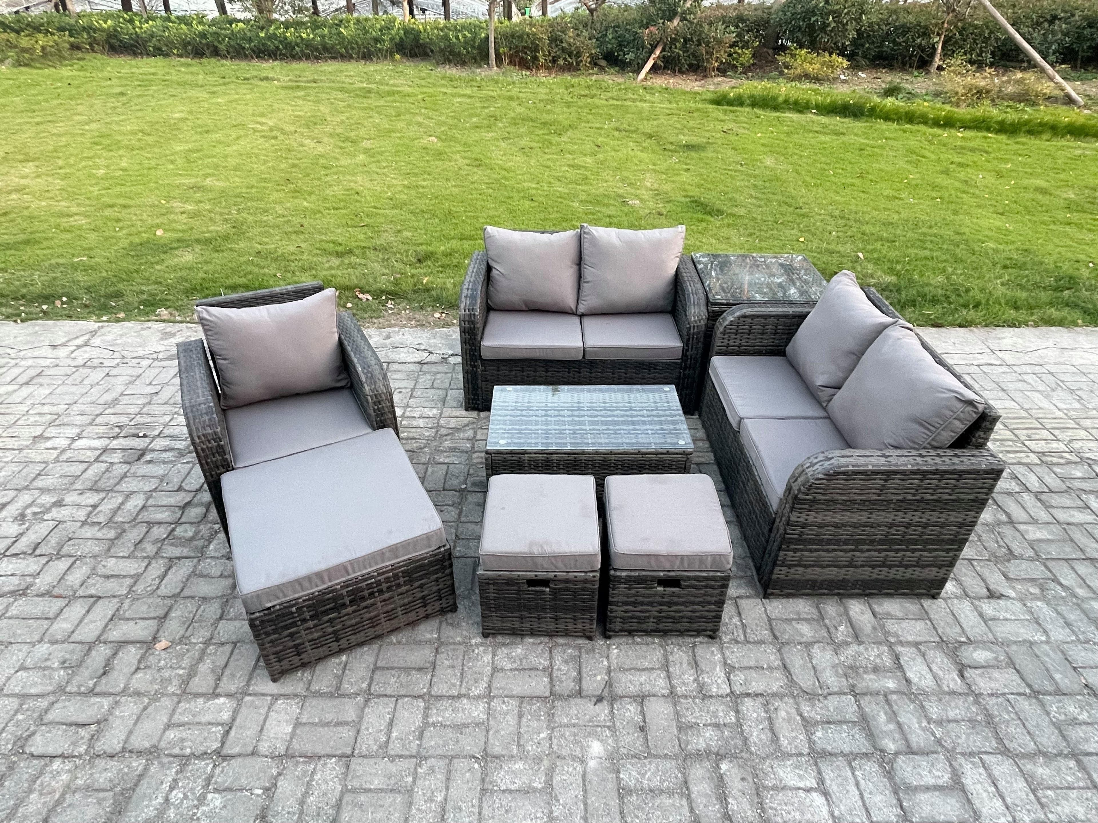 High Back Rattan Garden Furniture Set Loveseat Sofa Rectangular Coffee Table 3 Footstools Side Table Indoor Outdoor Patio Lounge Sofa Set