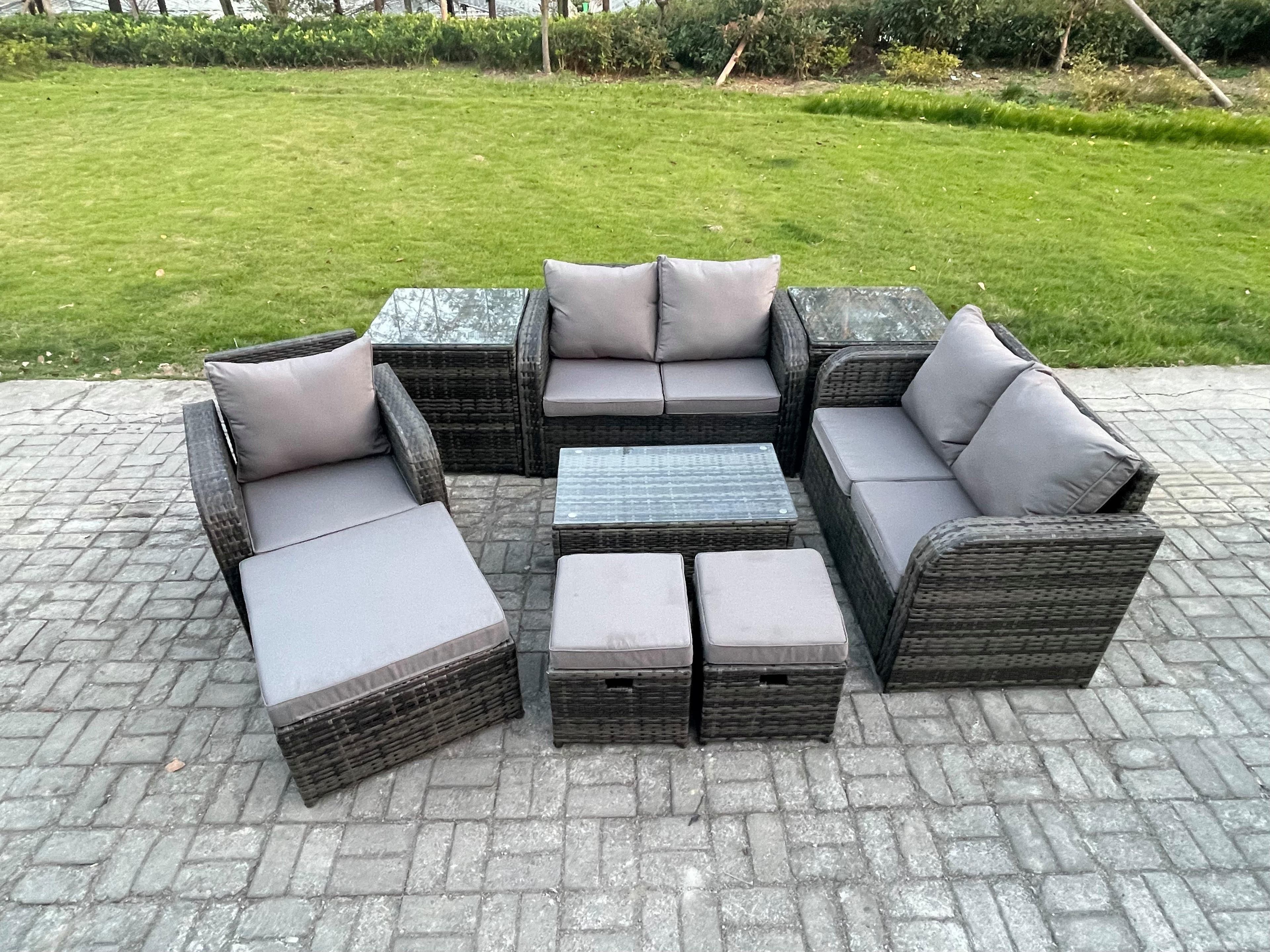 8 Seater High Back Rattan Garden Furniture Set Loveseat Sofa Coffee Table 3 Footstools 2 Side Tables Indoor Outdoor Patio Lounge Sofa Set