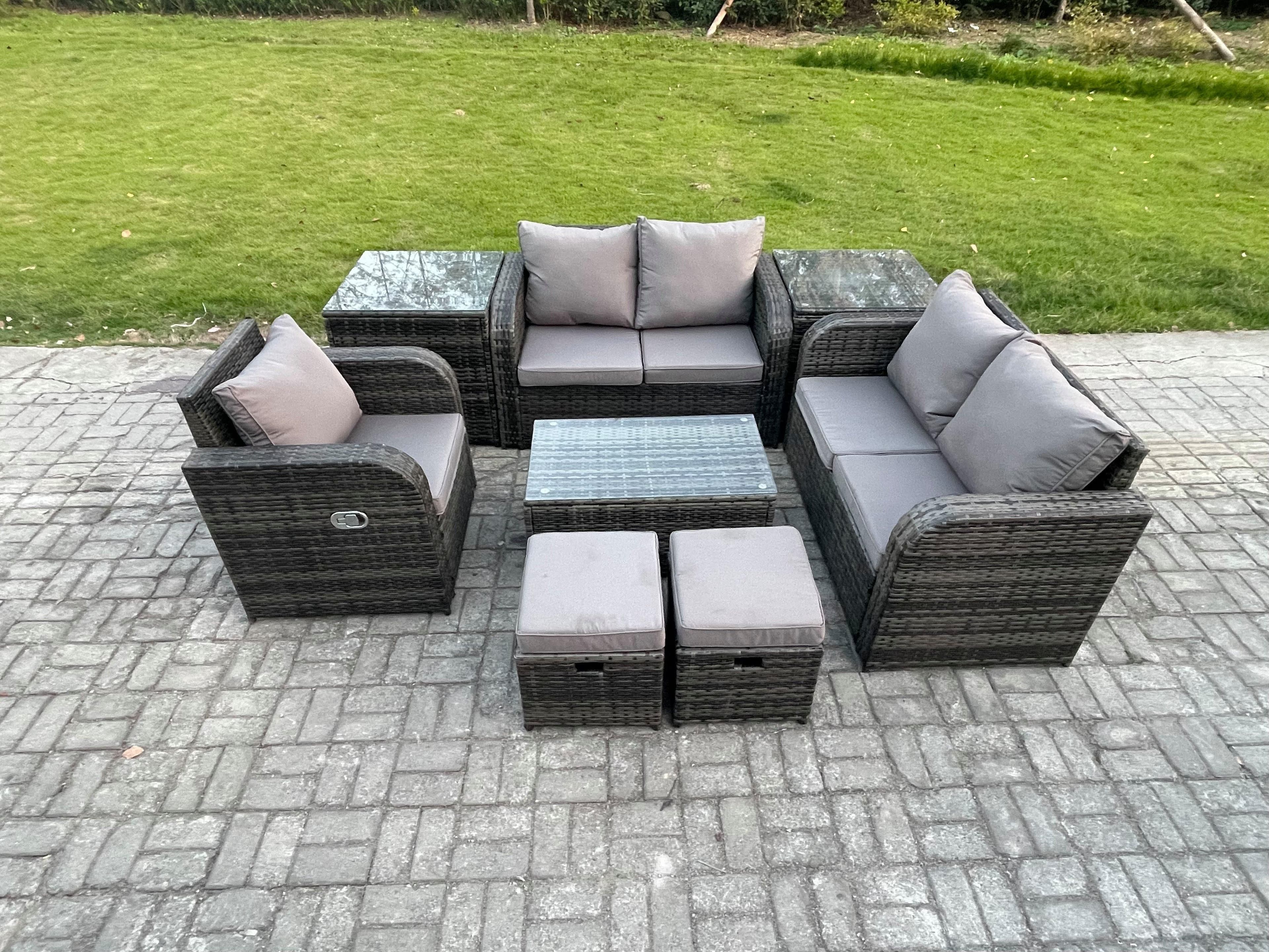 7 Seater High Back Rattan Garden Furniture Set Loveseat Sofa Coffee Table 2 Small Footstools 2 Side Tables Indoor Outdoor Lounge Sofa Set