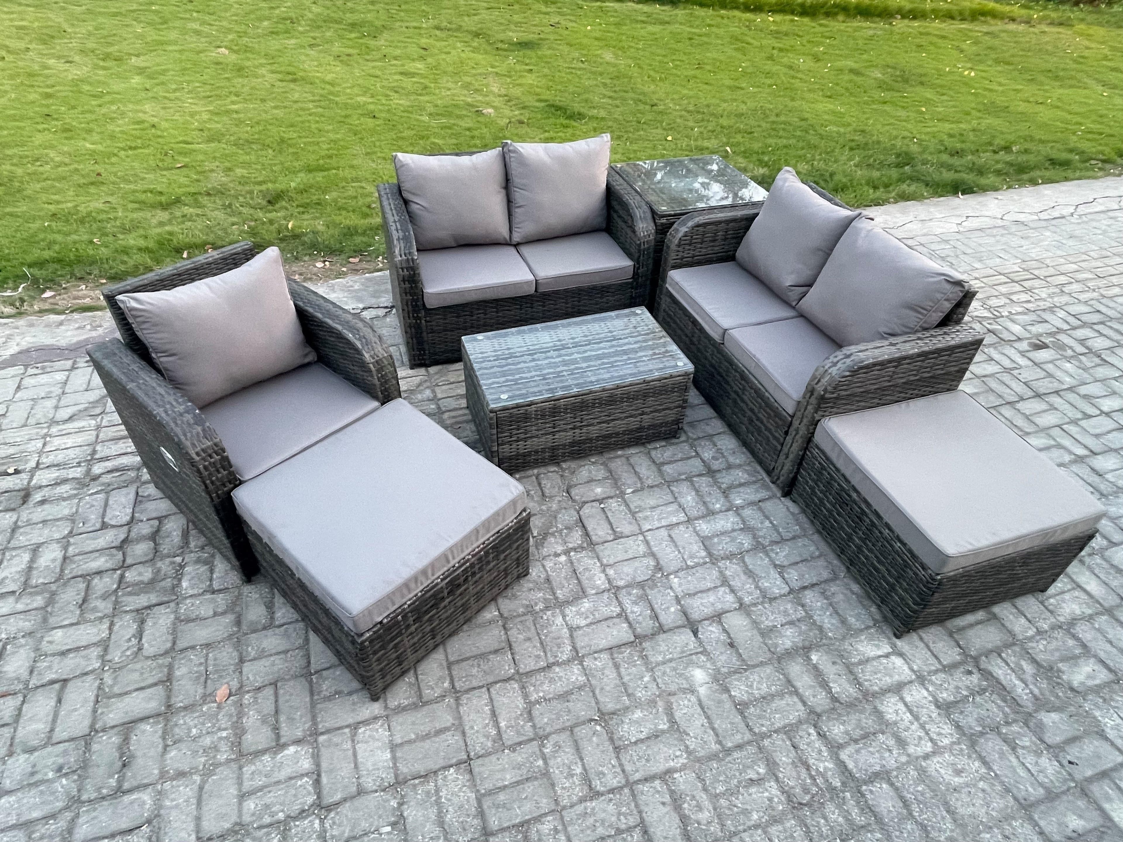 7 Seater High Back Rattan Garden Furniture Set Loveseat Sofa Coffee Table 2 Big Footstool Side Table Indoor Outdoor Patio Lounge Sofa Set
