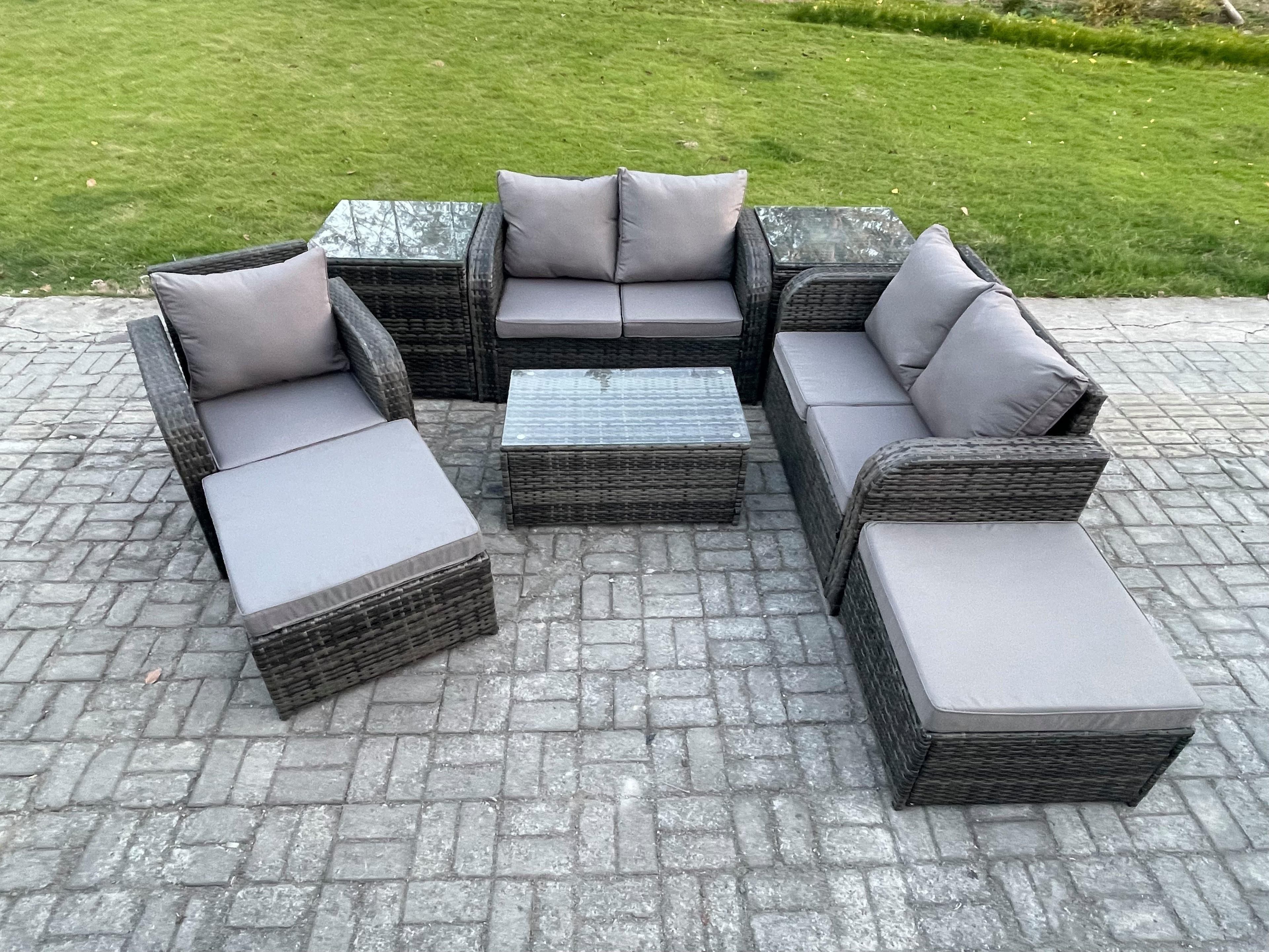 High Back Rattan Garden Furniture Set Loveseat Sofa Coffee Table 2 Big Footstool 2 Side Tables Indoor Outdoor Patio Lounge Sofa Set