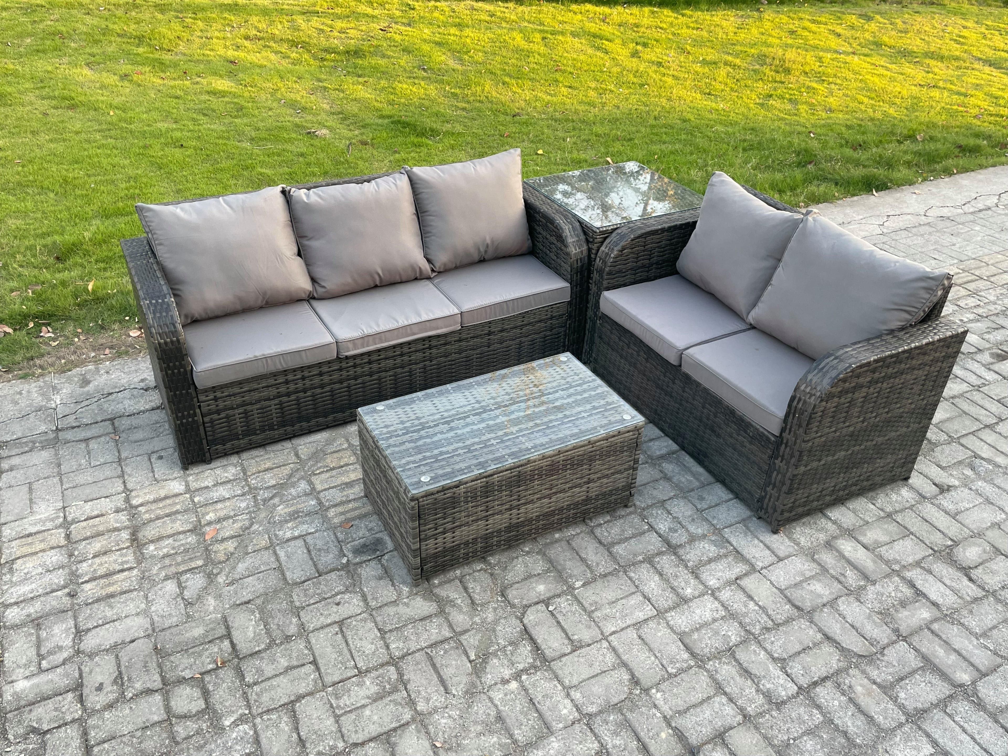 5 Seater Rattan Wicker Garden Furniture Patio Conservatory Sofa Set Rectangular Coffee Table 3 Seater Sofa Love Sofa Side Table