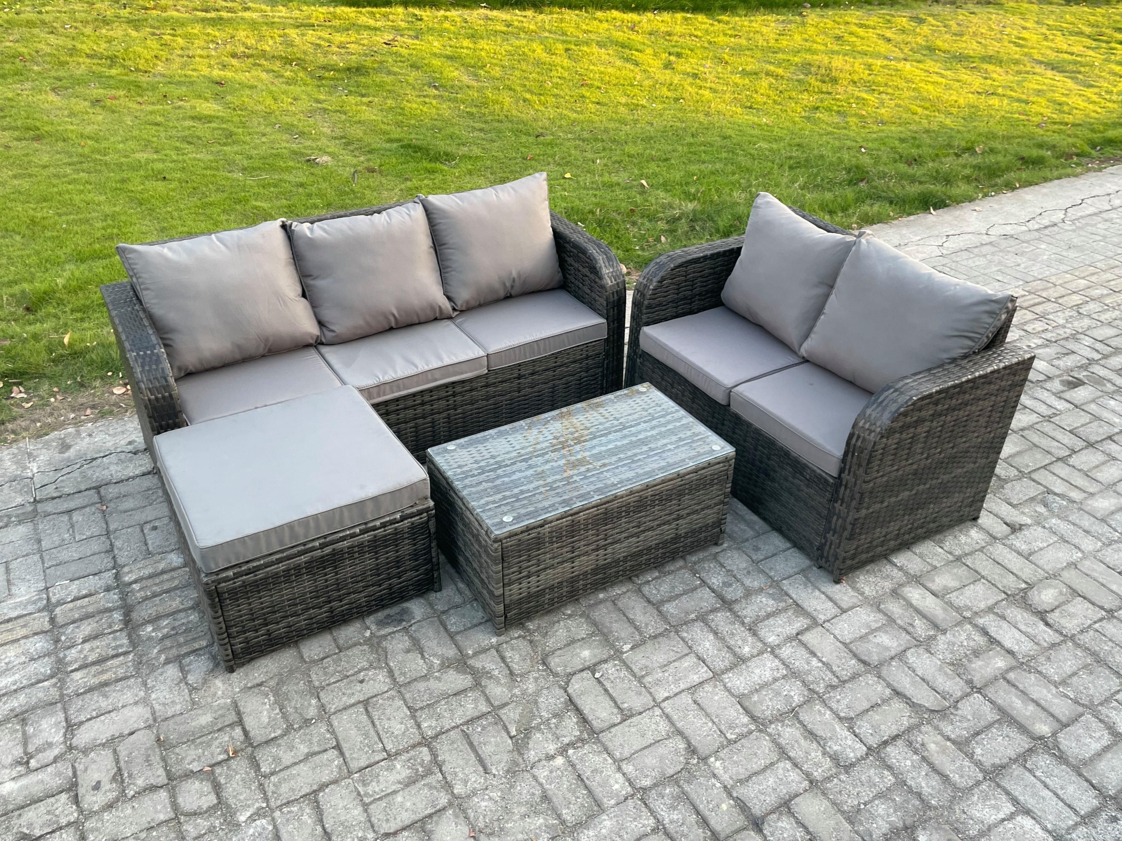 6 Seater Rattan Wicker Garden Furniture Patio Conservatory Sofa Set Rectangular Coffee Table 3 Seater Sofa Love Sofa Big Footstool