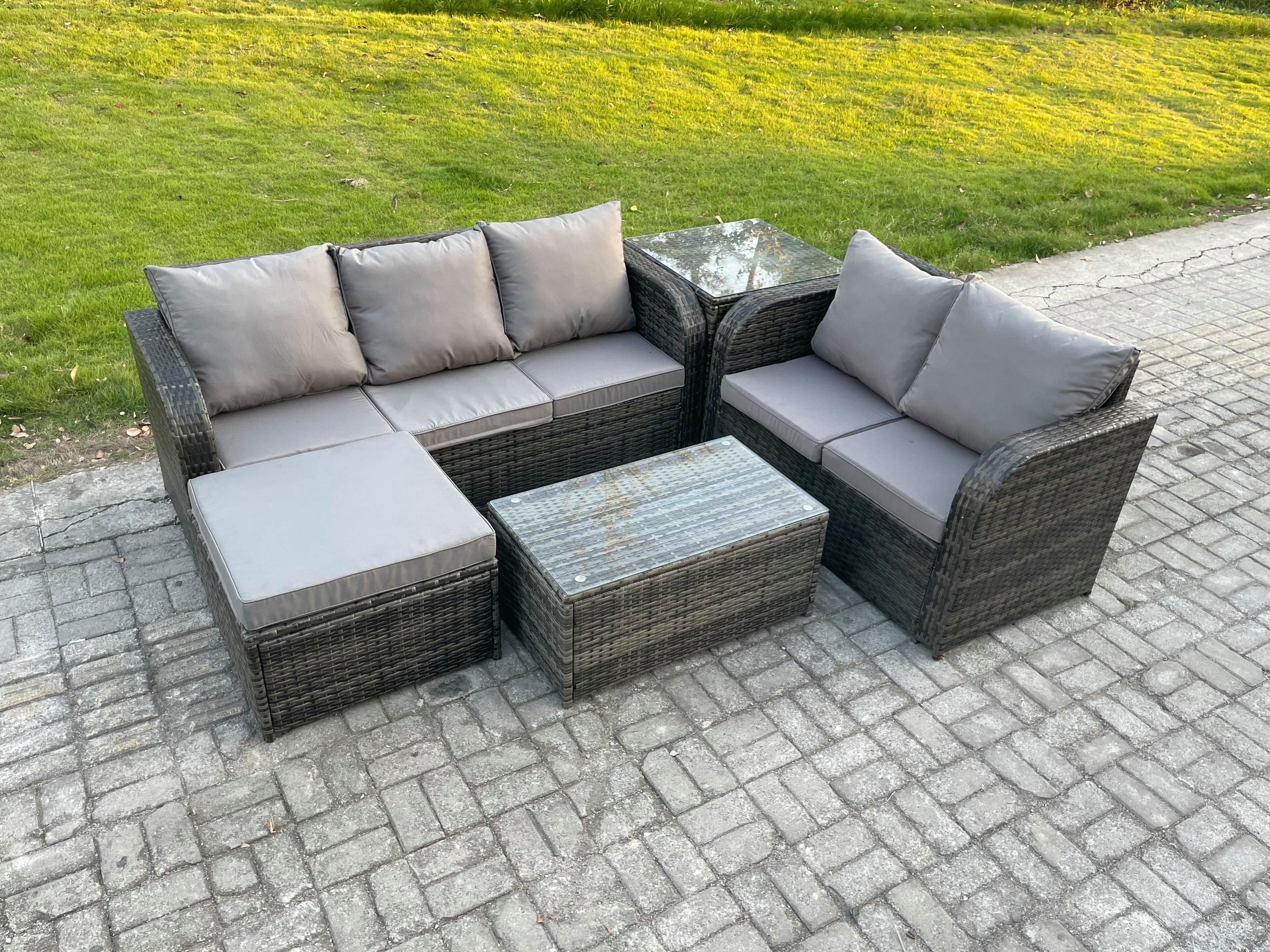 6 Seater Rattan Wicker Garden Furniture Patio Conservatory Sofa Set Rectangular Coffee Table 3 Seater Sofa Big Footstool Side Table