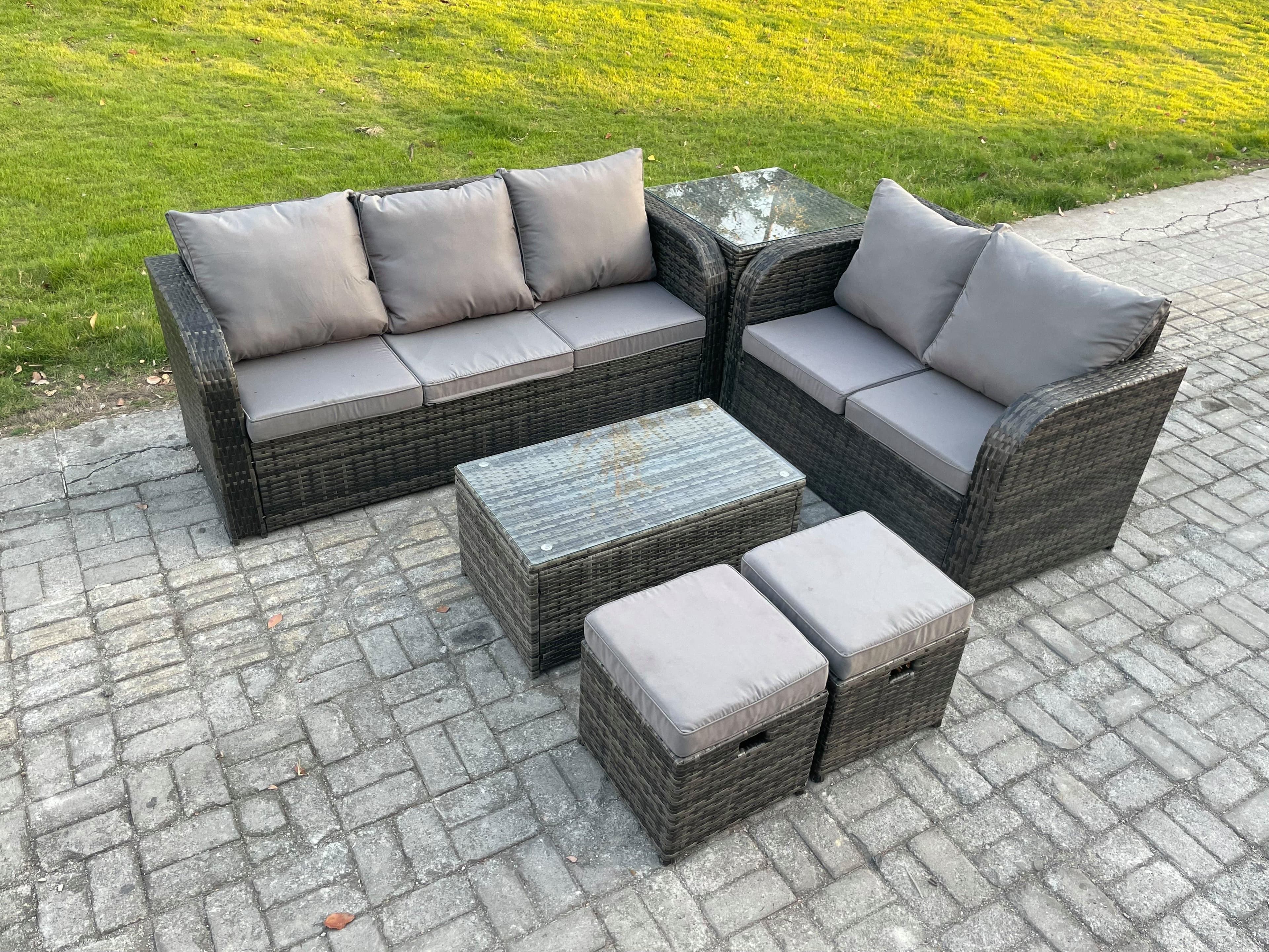 7 Seater Rattan Wicker Garden Furniture Patio Conservatory Sofa Set Rectangular Coffee Table 3 Seater Sofa Love Sofa 2 Small Footstools