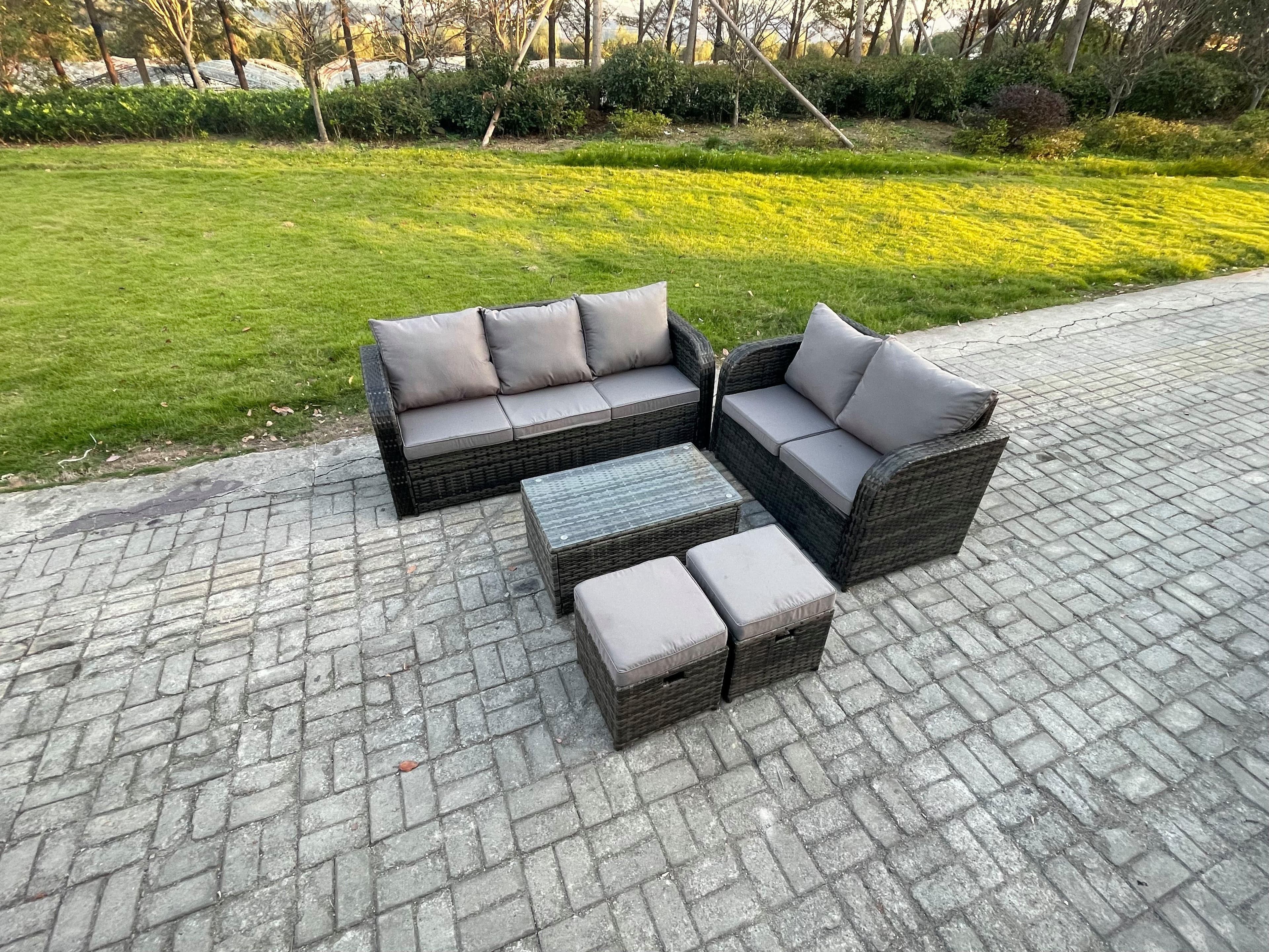 7 Seater Rattan Wicker Garden Furniture Patio Conservatory Sofa Set Rectangular Coffee Table 3 Seater Sofa Love Sofa 2 Small Footstools