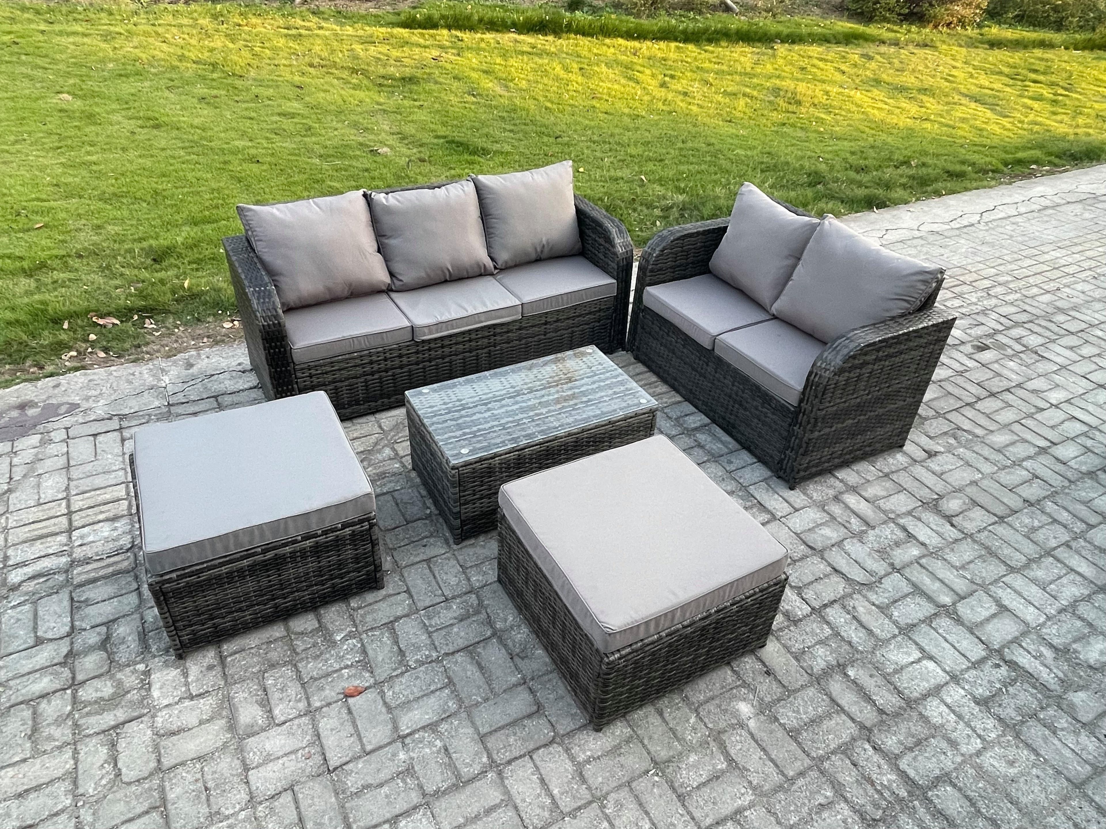 7 Seater Rattan Wicker Garden Furniture Patio Conservatory Sofa Set Rectangular Coffee Table 3 Seater Sofa Love Sofa 2 Big Footstool