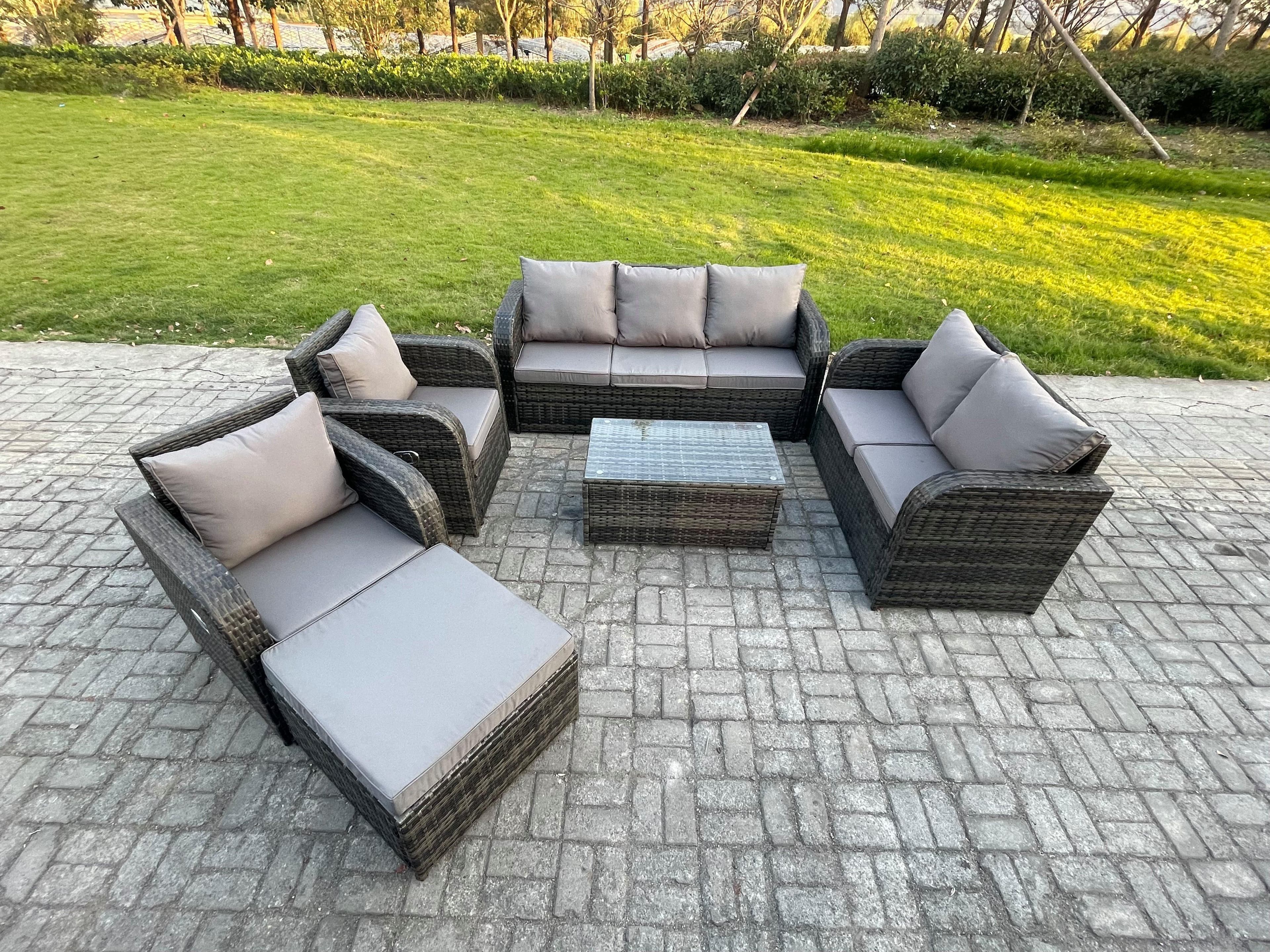8 Seater Rattan Wicker Garden Furniture Patio Conservatory Sofa Set Rectangular Coffee Table 3 Seater Sofa Love Sofa Big Footstool