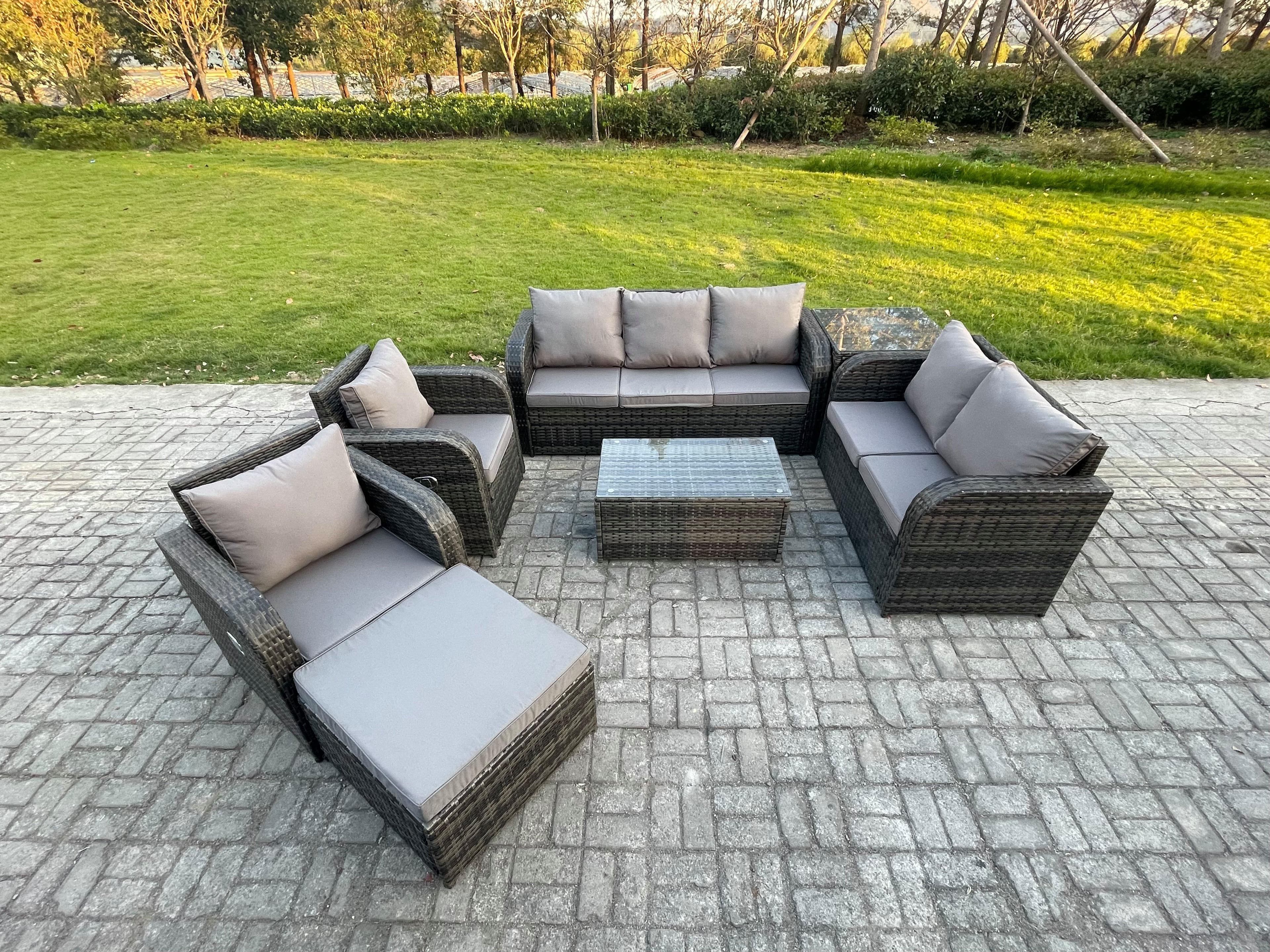 8 Seater Rattan Wicker Garden Furniture Conservatory Sofa Set Rectangular Coffee Table 3 Seater Sofa Love Sofa Big Footstool