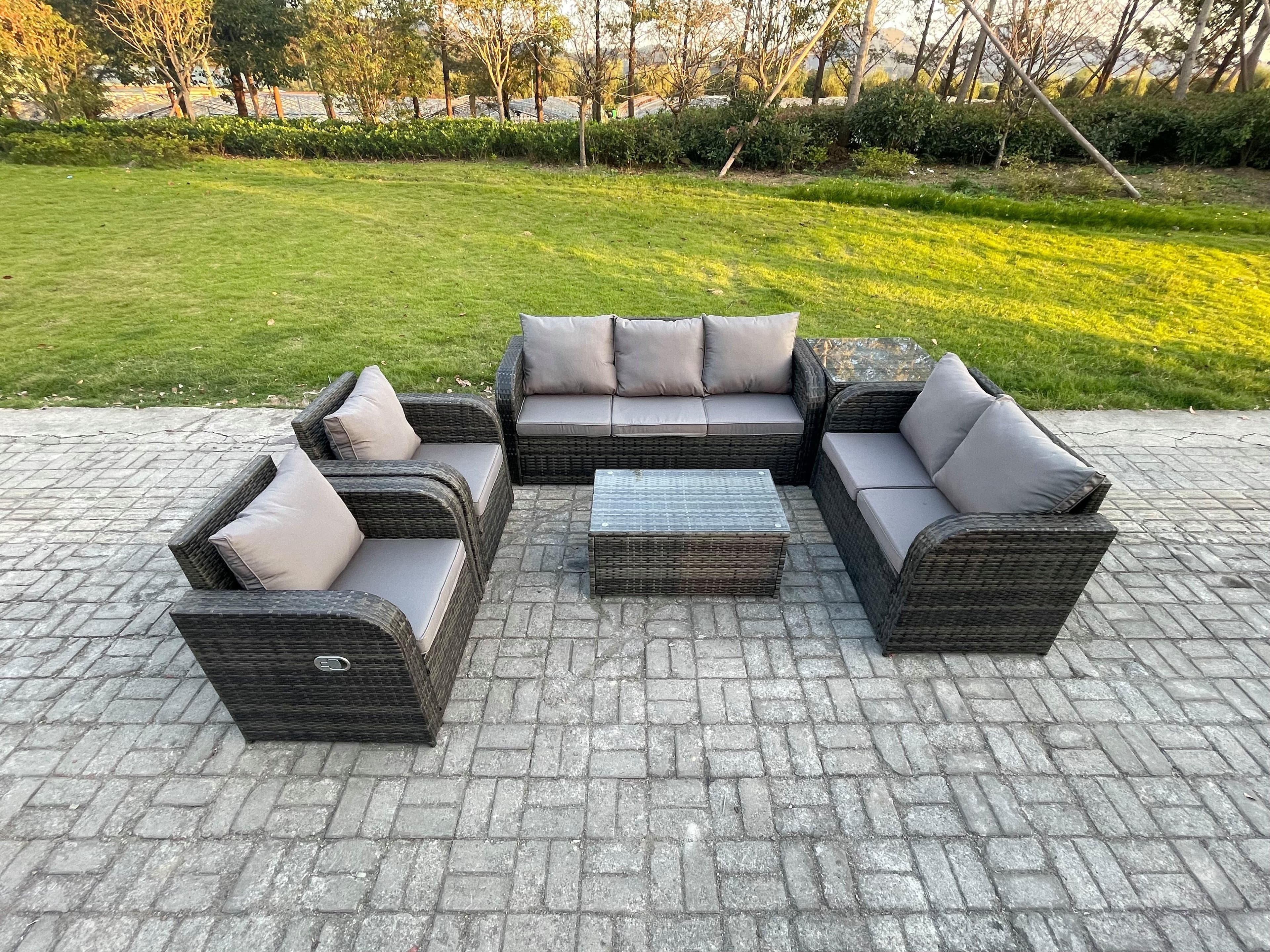 7 Seater Rattan Wicker Garden Furniture Patio Conservatory Sofa Set Rectangular Coffee Table 3 Seater Sofa Love Sofa Side Table