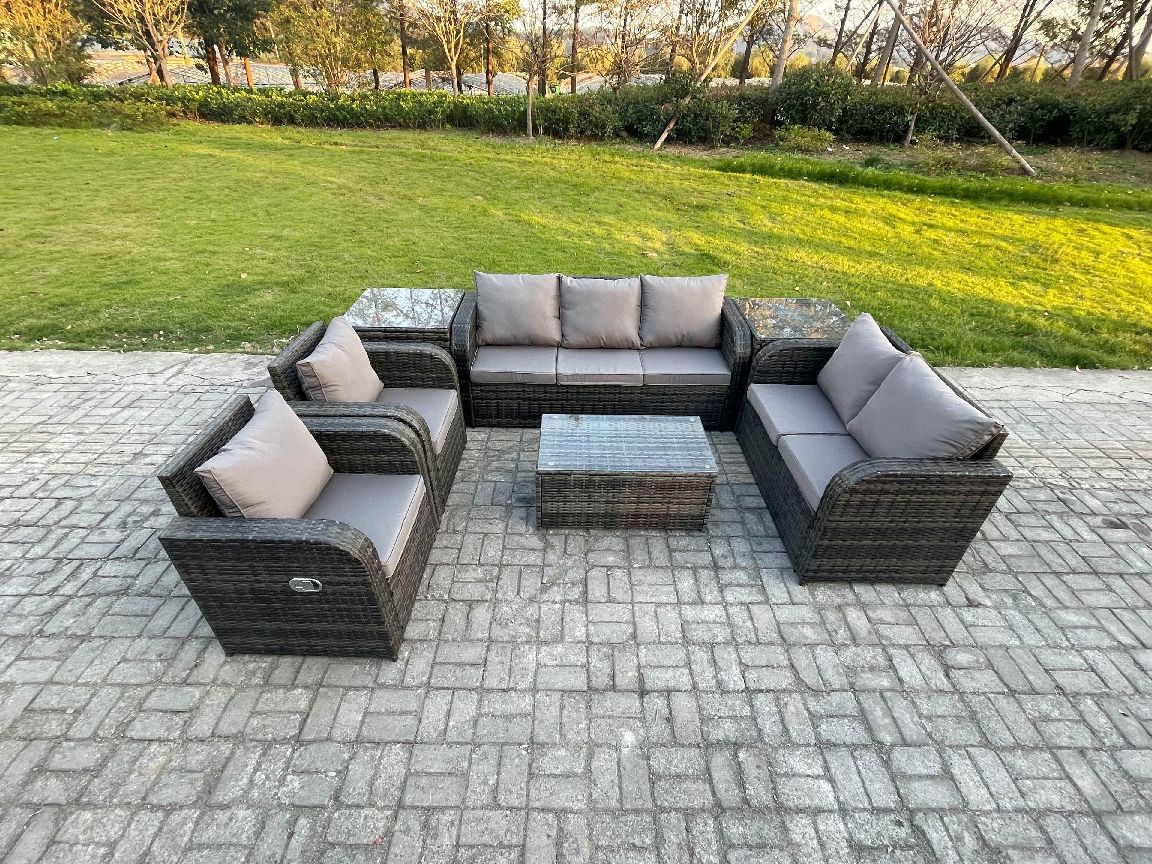 7 Seater Rattan Wicker Garden Furniture Patio Conservatory Sofa Set Rectangular Coffee Table 3 Seater Sofa Love Sofa 2 Side Tables