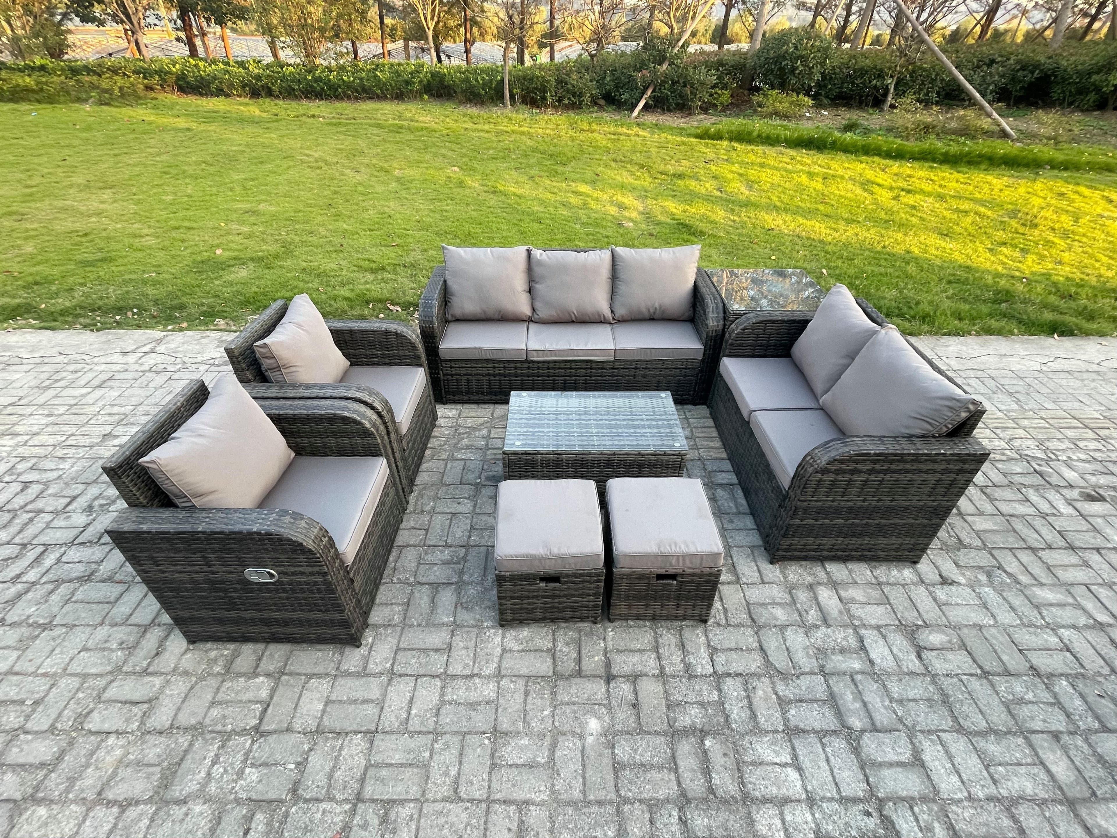 9 Seater Rattan Wicker Garden Furniture Patio Conservatory Sofa Set Rectangular Coffee Table 3 Seater Sofa Love Sofa 2 Small Footstools