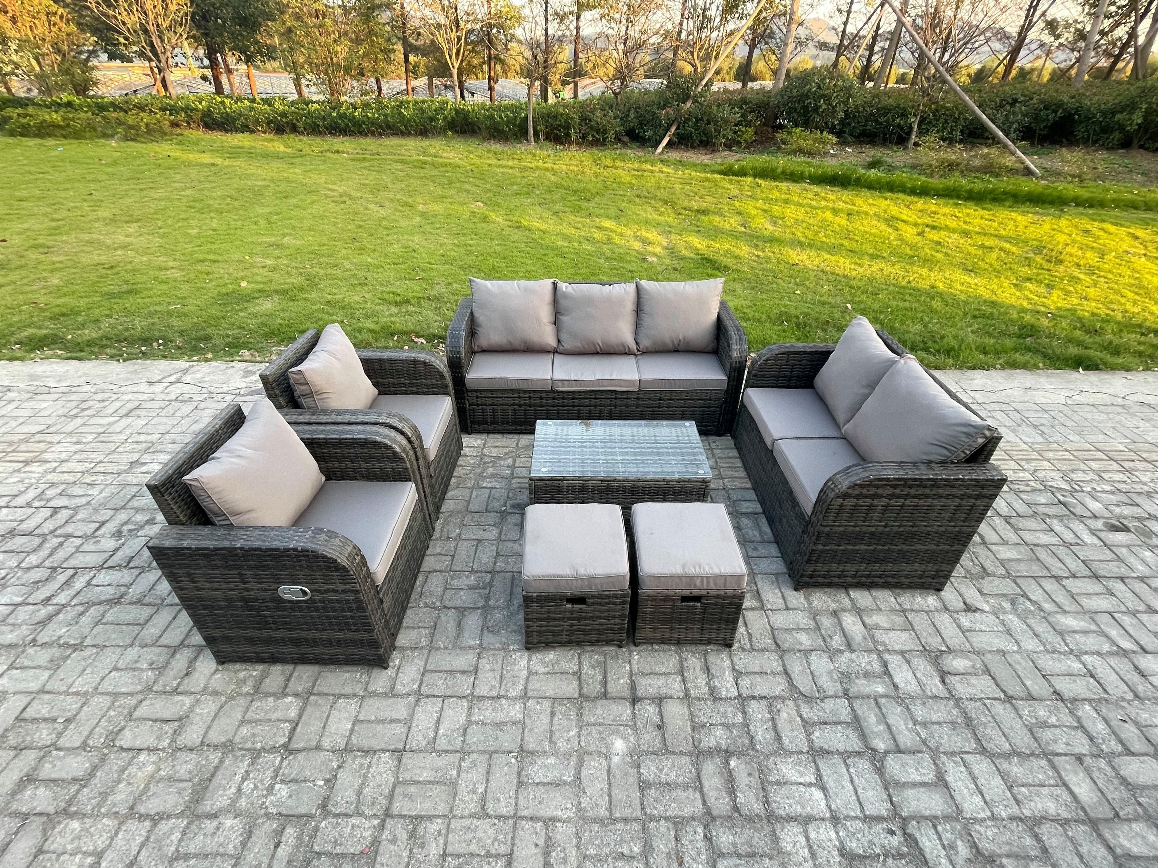 9 Seater Rattan Wicker Garden Furniture Patio Conservatory Sofa Set Rectangular Coffee Table 3 Seater Sofa Love Sofa 2 Small Footstools