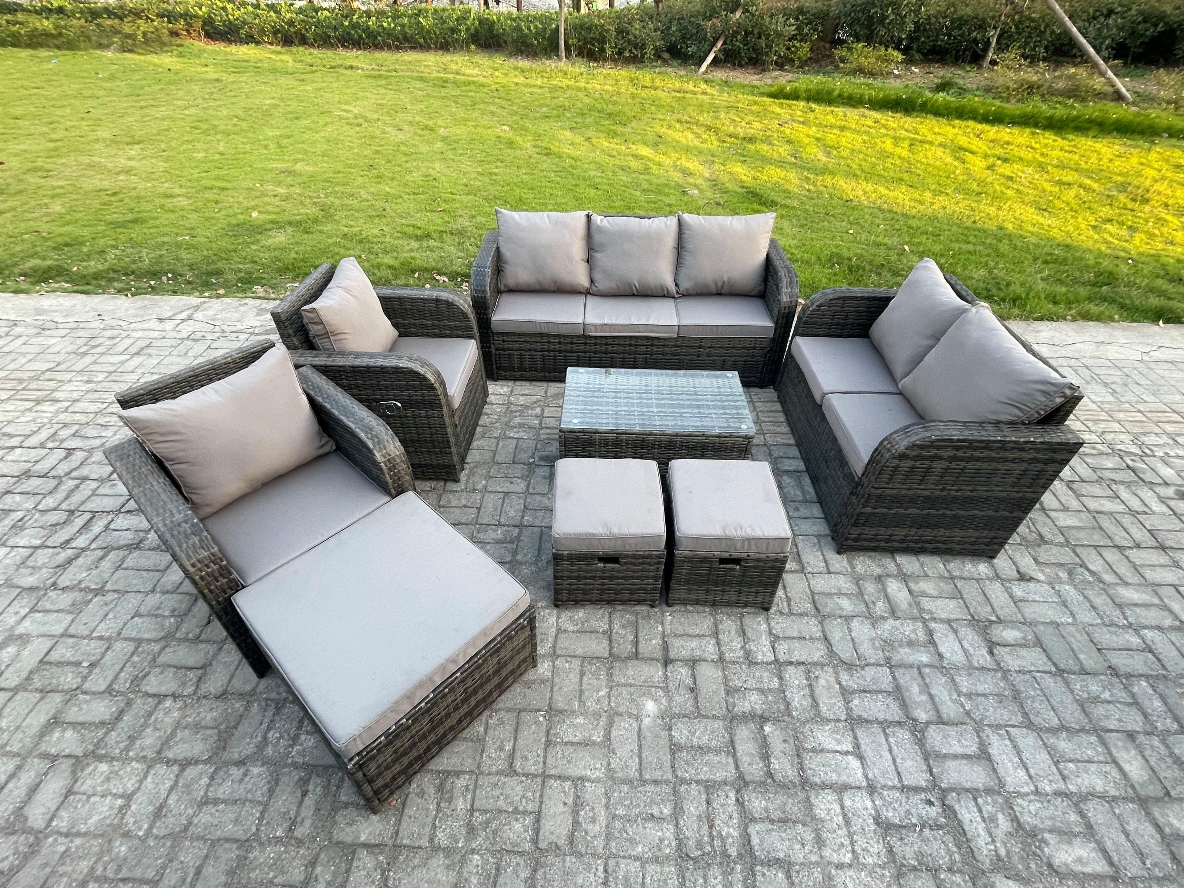 Patio Garden Furniture Sets Wicker 10 Seater Outdoor Rattan Furniture Sofa Sets Rectangular Coffee Table Reclining Chair Loveseat Sofa