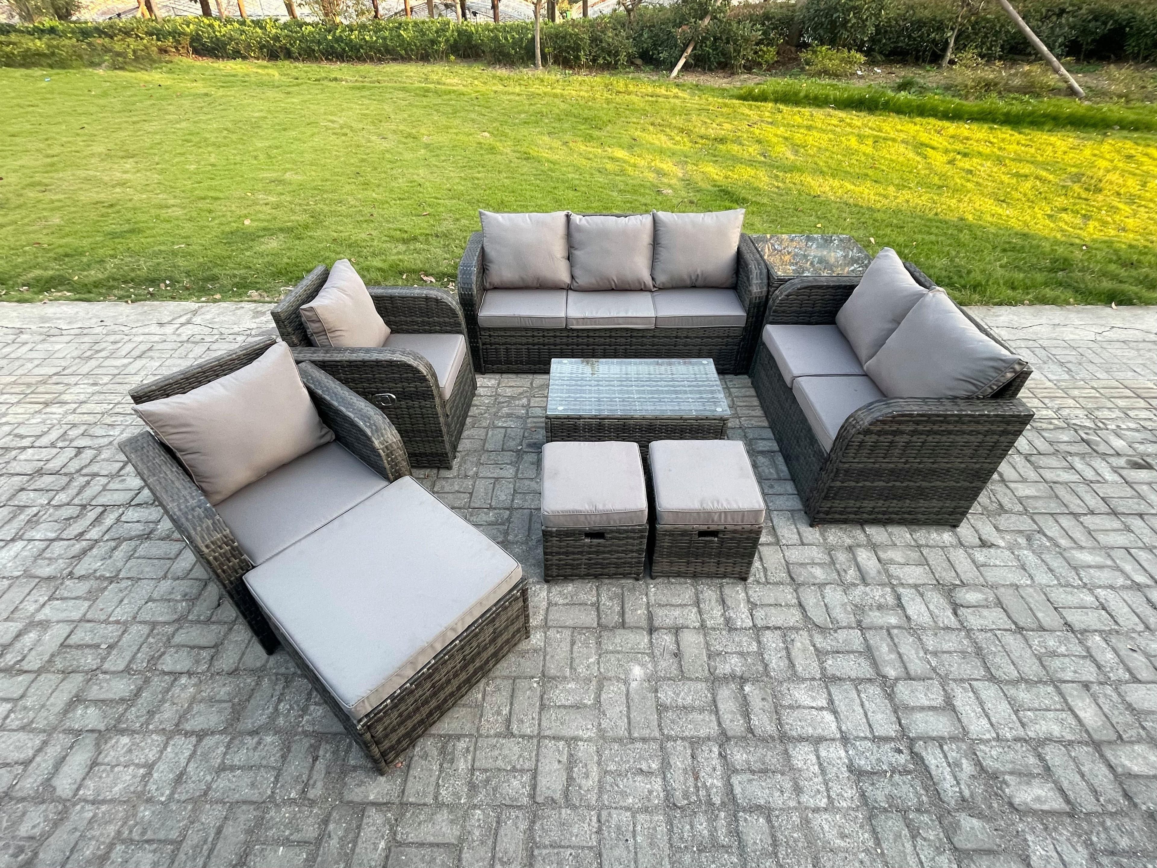 Patio Garden Furniture Sets Wicker 10 Seater Outdoor Rattan Furniture Sofa Sets Rectangular Coffee Table Reclining Chair