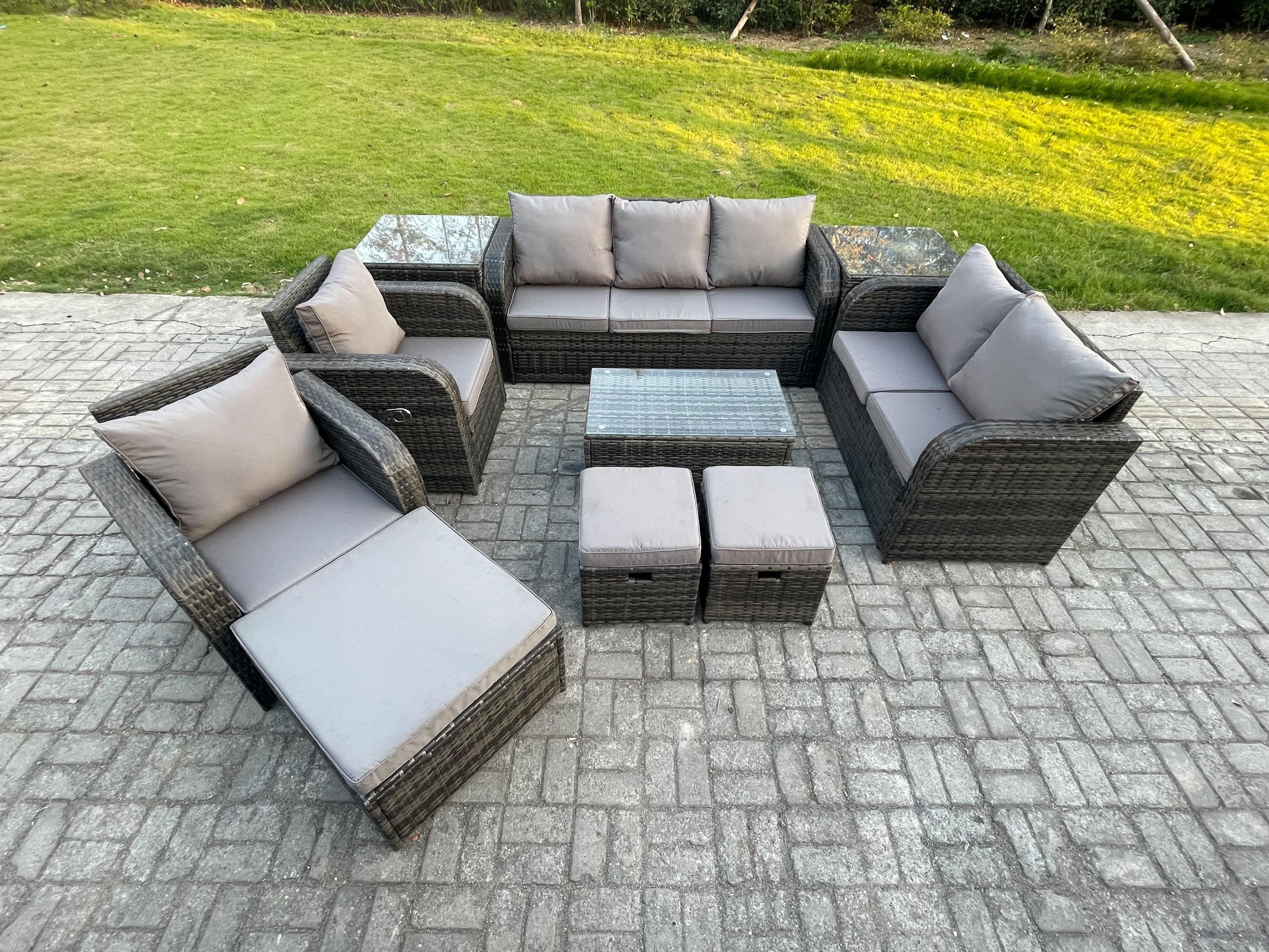 Patio Garden Furniture Sets Wicker 10 Seater Outdoor Rattan Furniture Sofa Sets Rectangular Coffee Table Reclining Chair