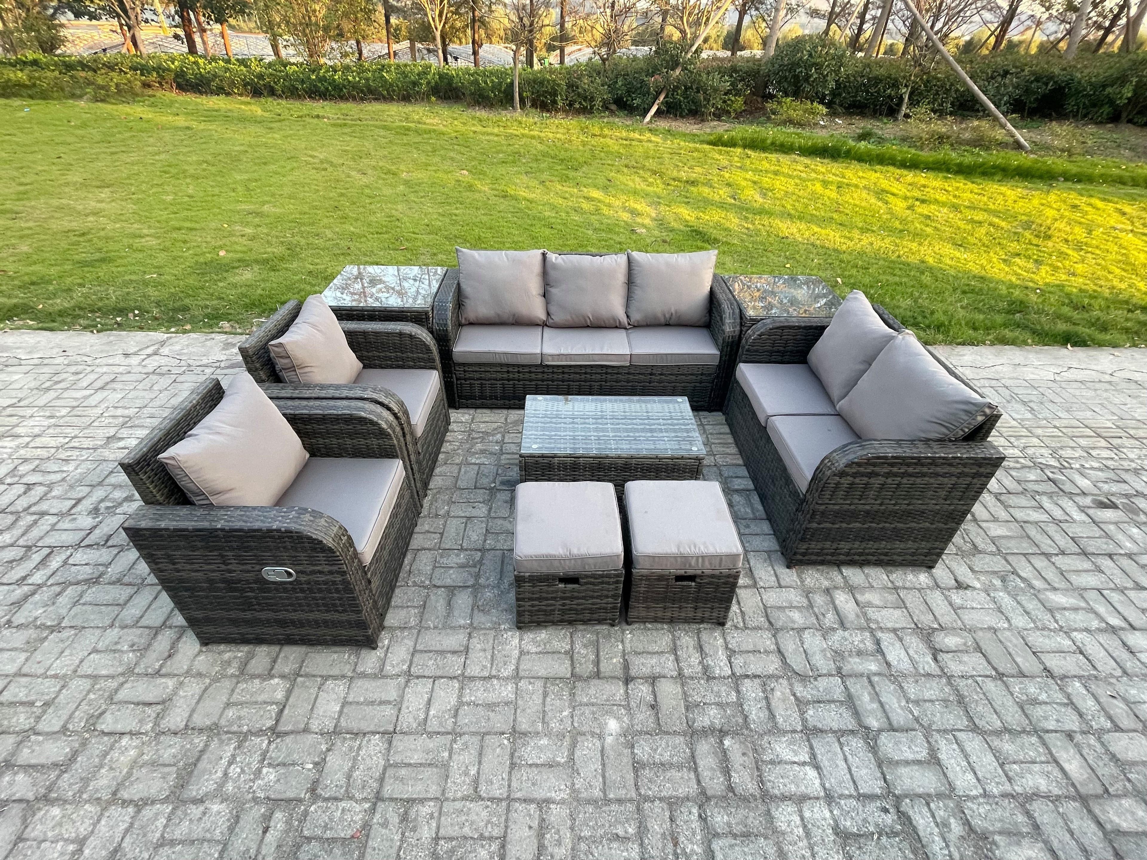 Patio Garden Furniture Sets Wicker 9 Seater Outdoor Rattan Furniture Sofa Sets Rectangular Coffee Table Loveseat Sofa