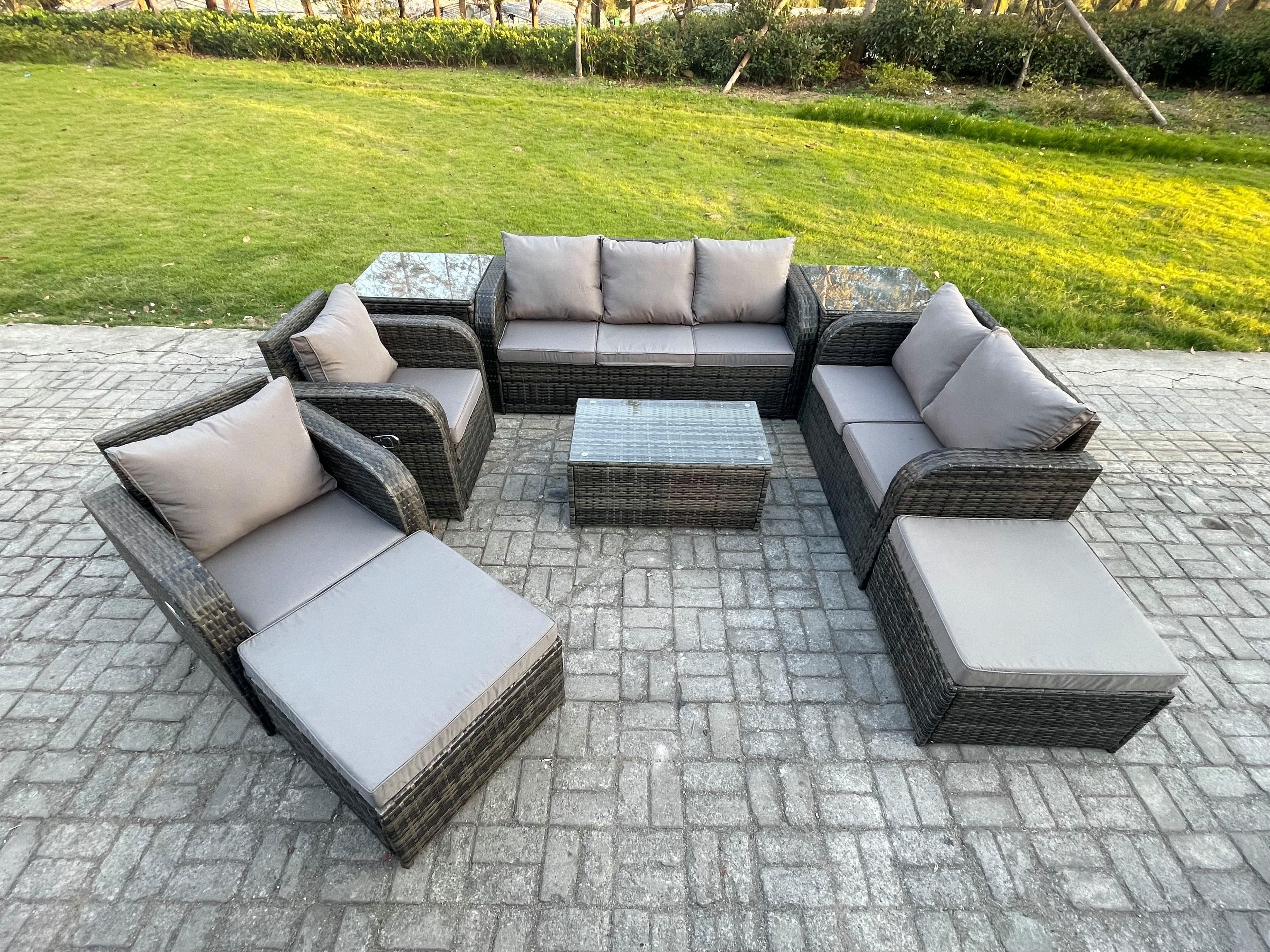 Patio Garden Furniture Sets Wicker 9 Seater Outdoor Rattan Furniture Sofa Sets Rectangular Coffee Table Reclining Chair