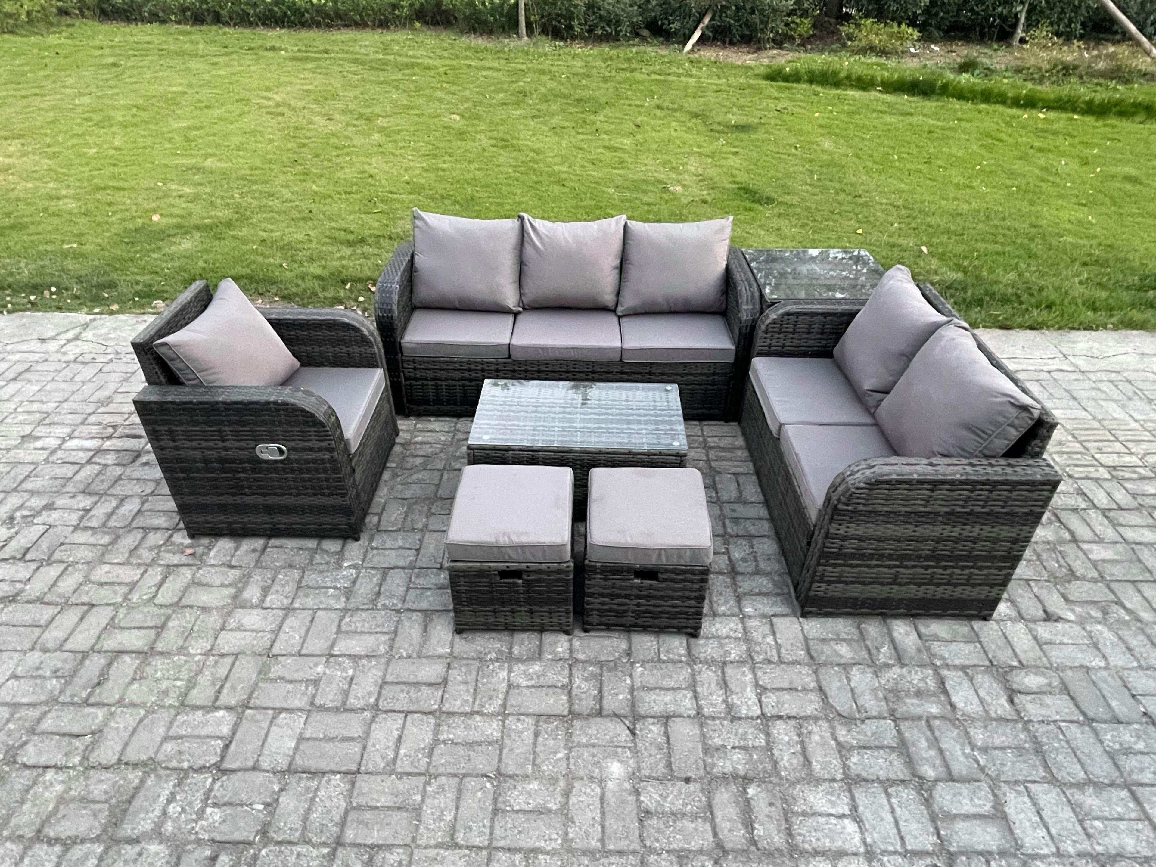 Patio Garden Furniture Sets Wicker 8 Seater Outdoor Rattan Furniture Sofa Sets Rectangular Coffee Table Reclining Chair 3 Seater Sofa
