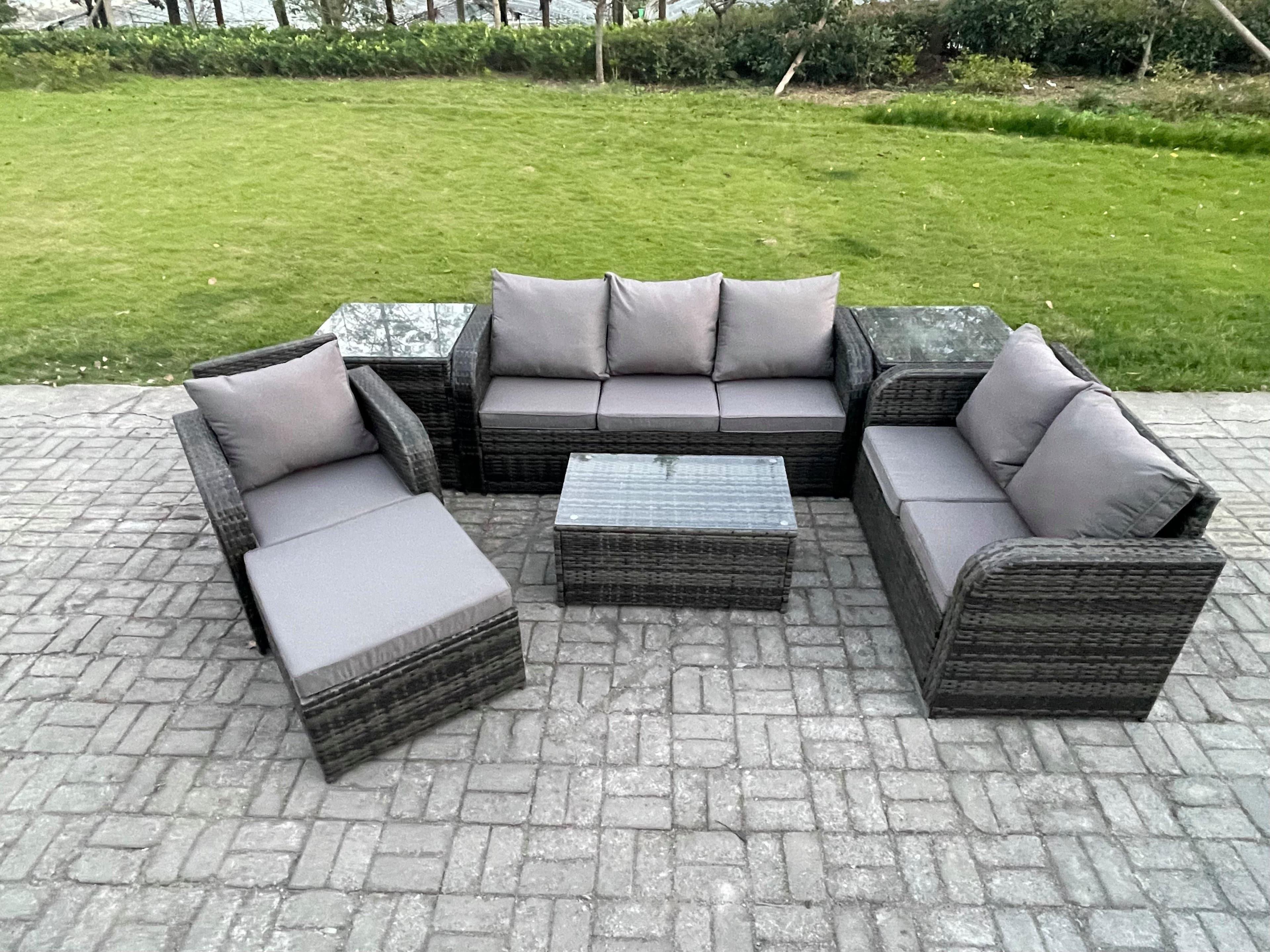 Patio Garden Furniture Sets Wicker 7 Seater Outdoor Rattan Furniture Sofa Sets Rectangular Coffee Table Reclining Chair 3 Seater Sofa