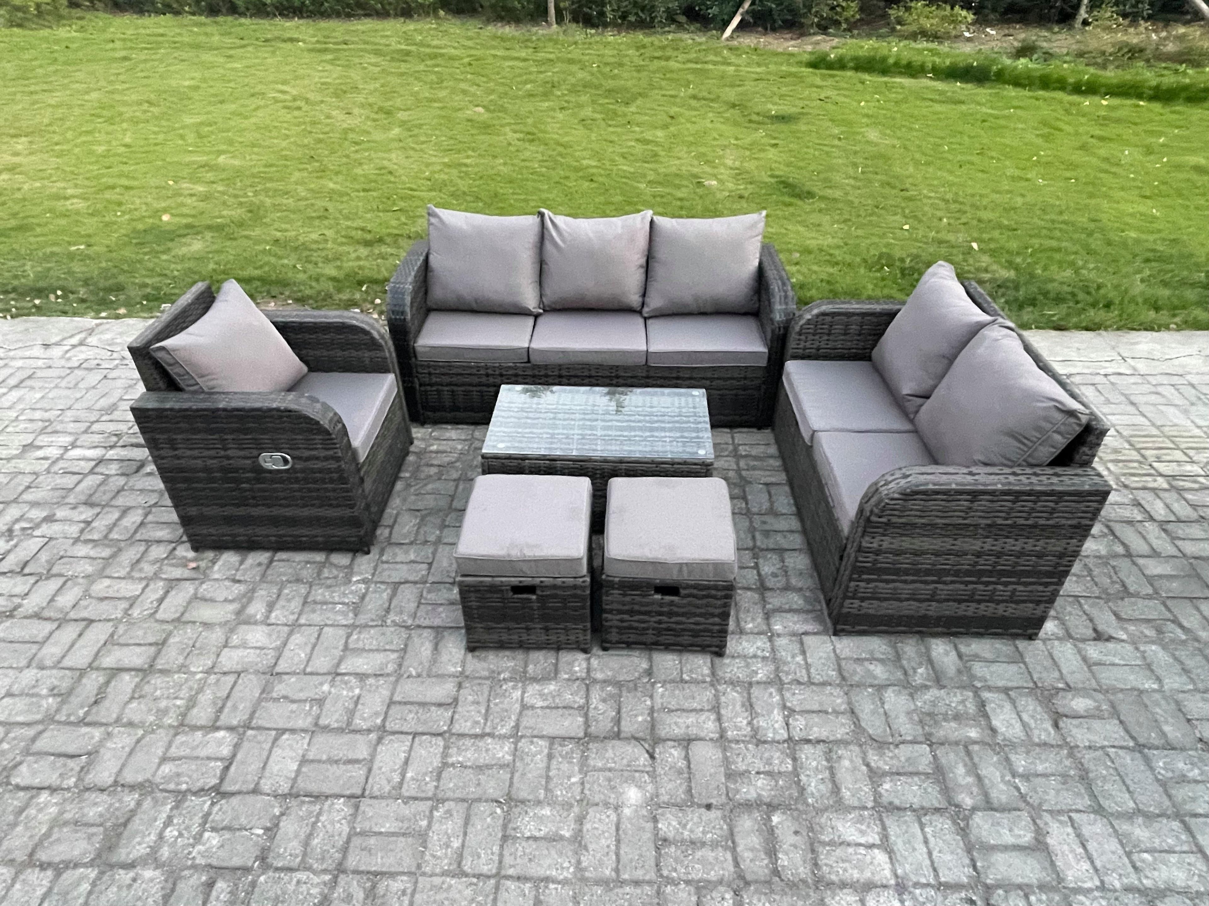 Outdoor Garden Furniture Sets 6 Pieces Wicker Rattan Furniture Sofa Sets Rectangular Coffee Table Loveseat Sofa 2 Small Footstools