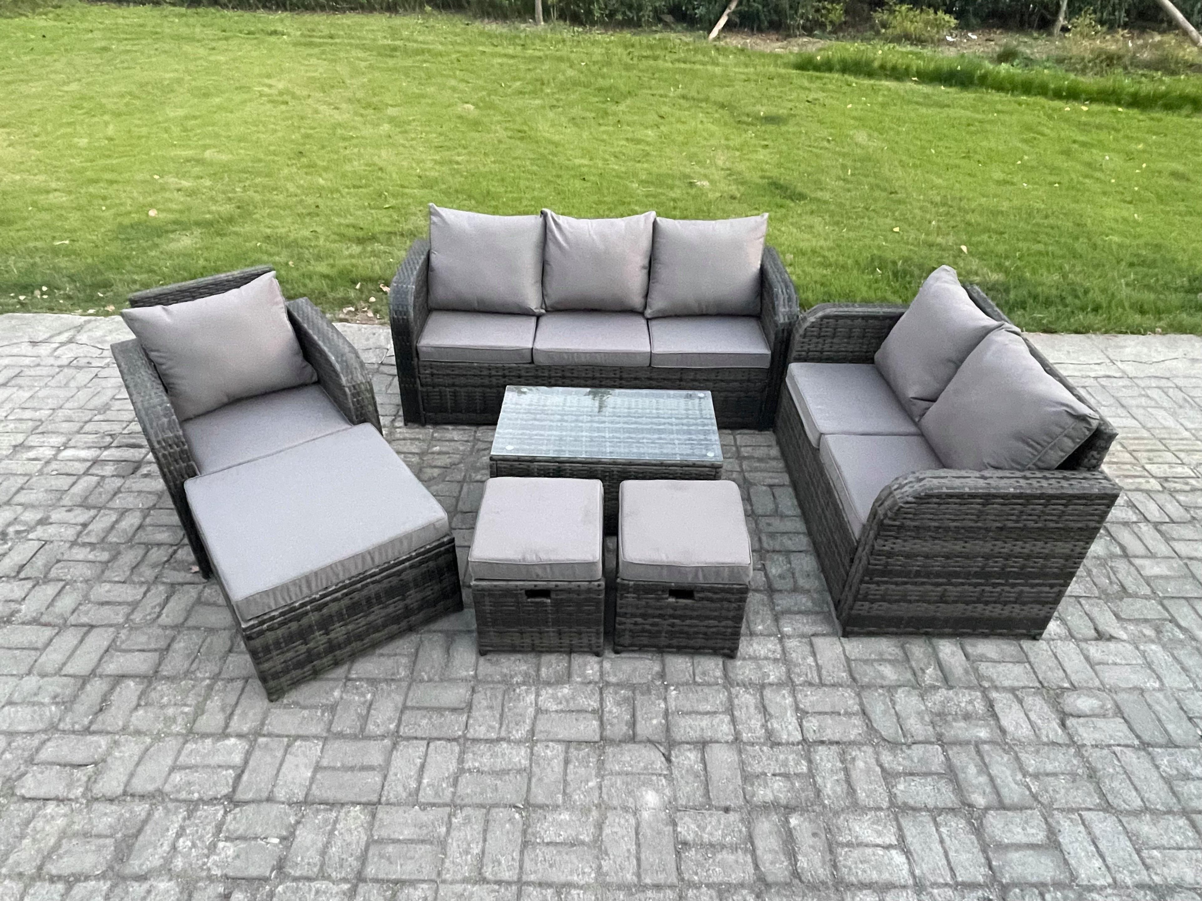 Outdoor Garden Furniture Sets 7 Pieces Wicker Rattan Furniture Sofa Sets Rectangular Coffee Table Loveseat Sofa 3 Footstools