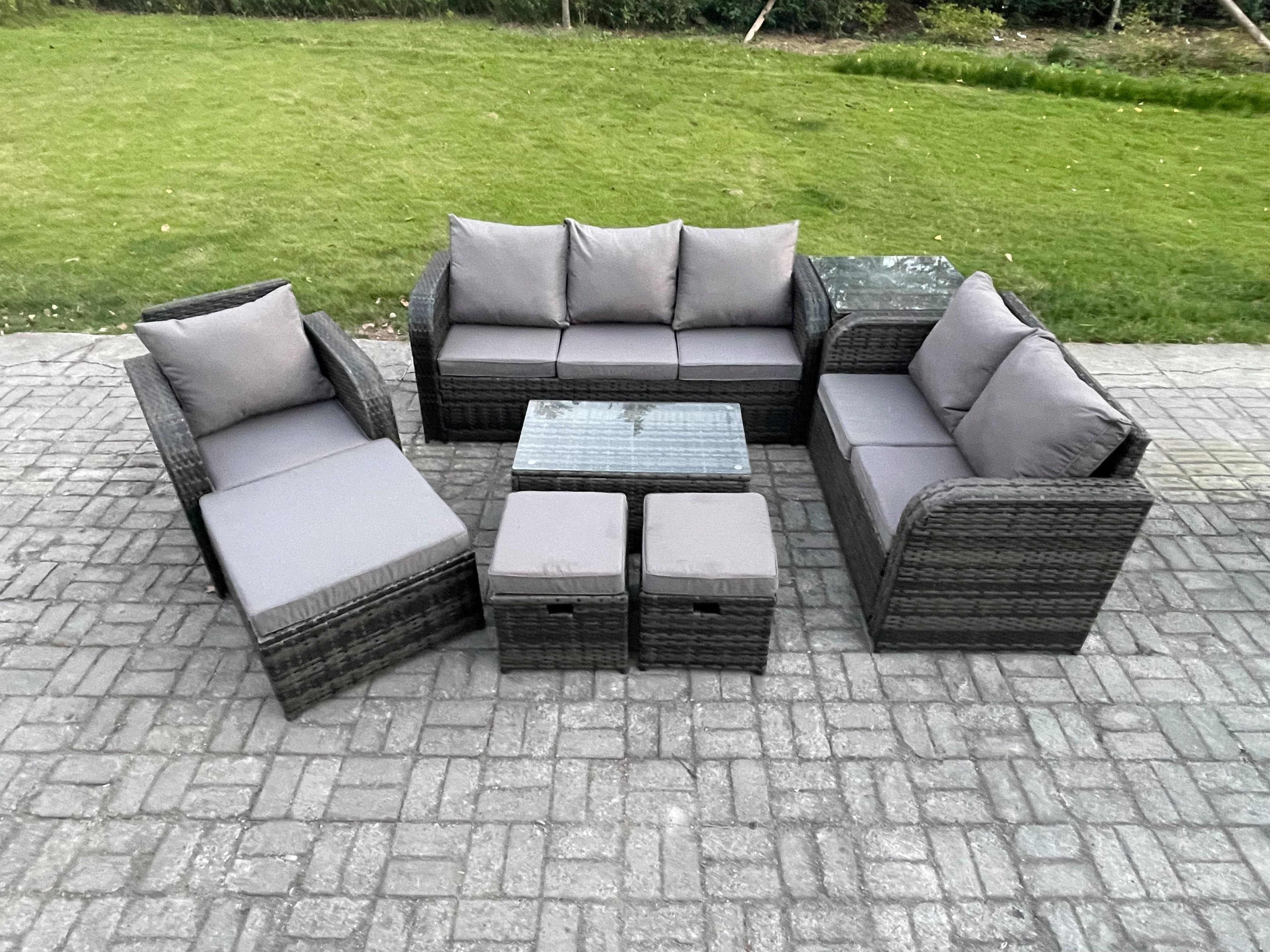 Outdoor Garden Furniture Sets 8 Pieces Wicker Rattan Furniture Sofa Sets Rectangular Coffee Table Loveseat Sofa 3 Footstools