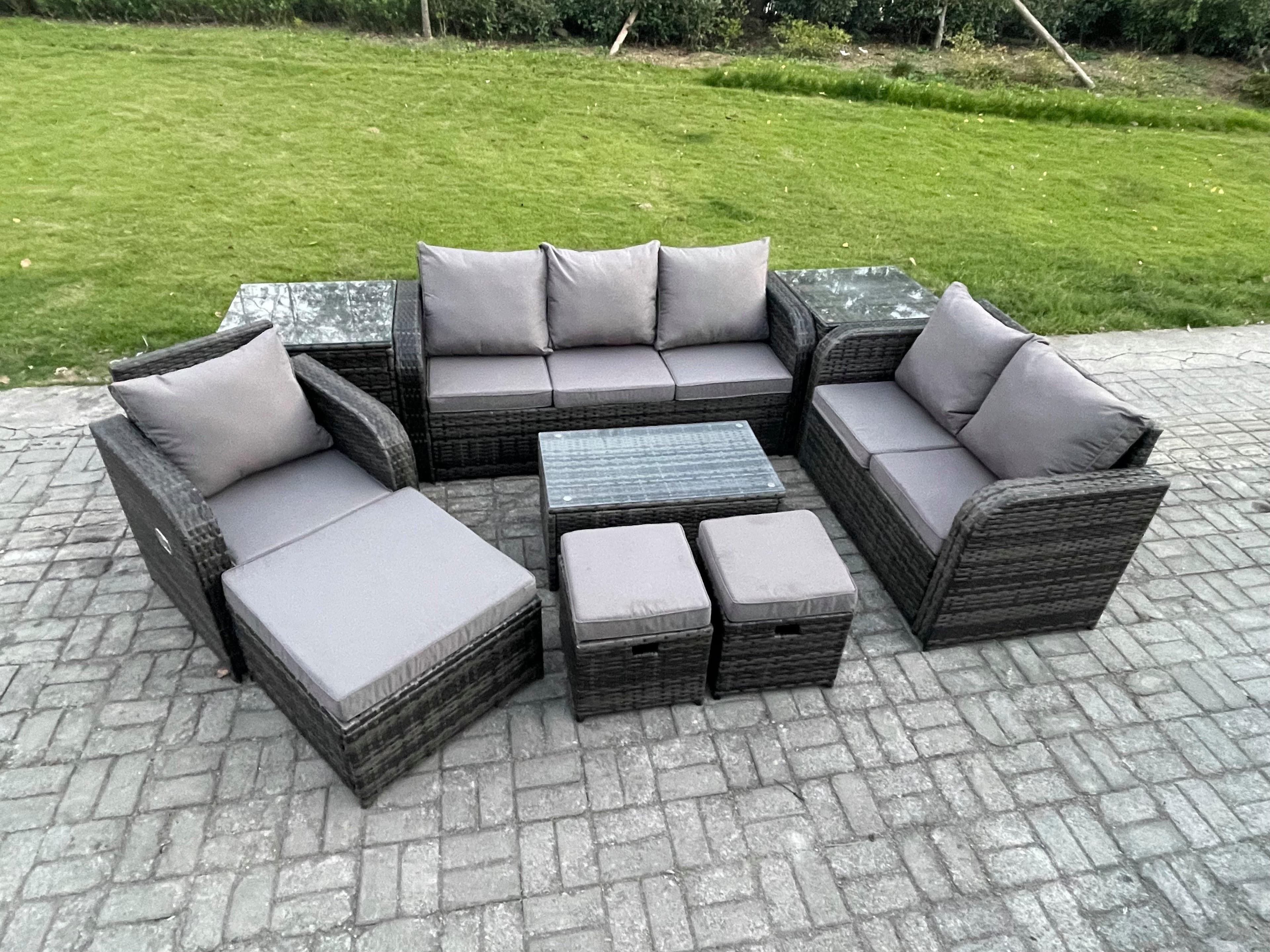 Outdoor Garden Furniture Sets 9 Pieces Wicker Rattan Furniture Sofa Sets Rectangular Coffee Table Loveseat Sofa 3 Footstools 2 Side Tables